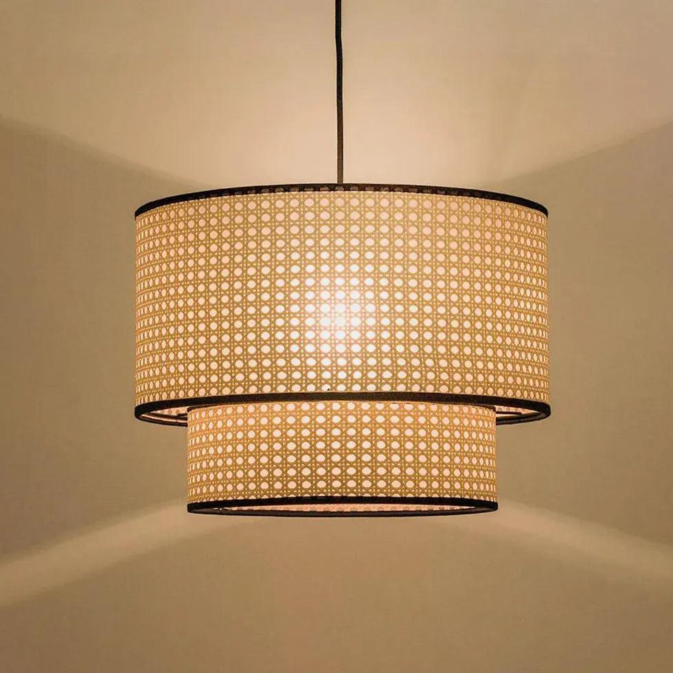 Modern Rattan Double Concentric Circle Pendant Light - Boho Chic Ceiling Fixture for Dining Room, Bedroom & Living Room Decor
