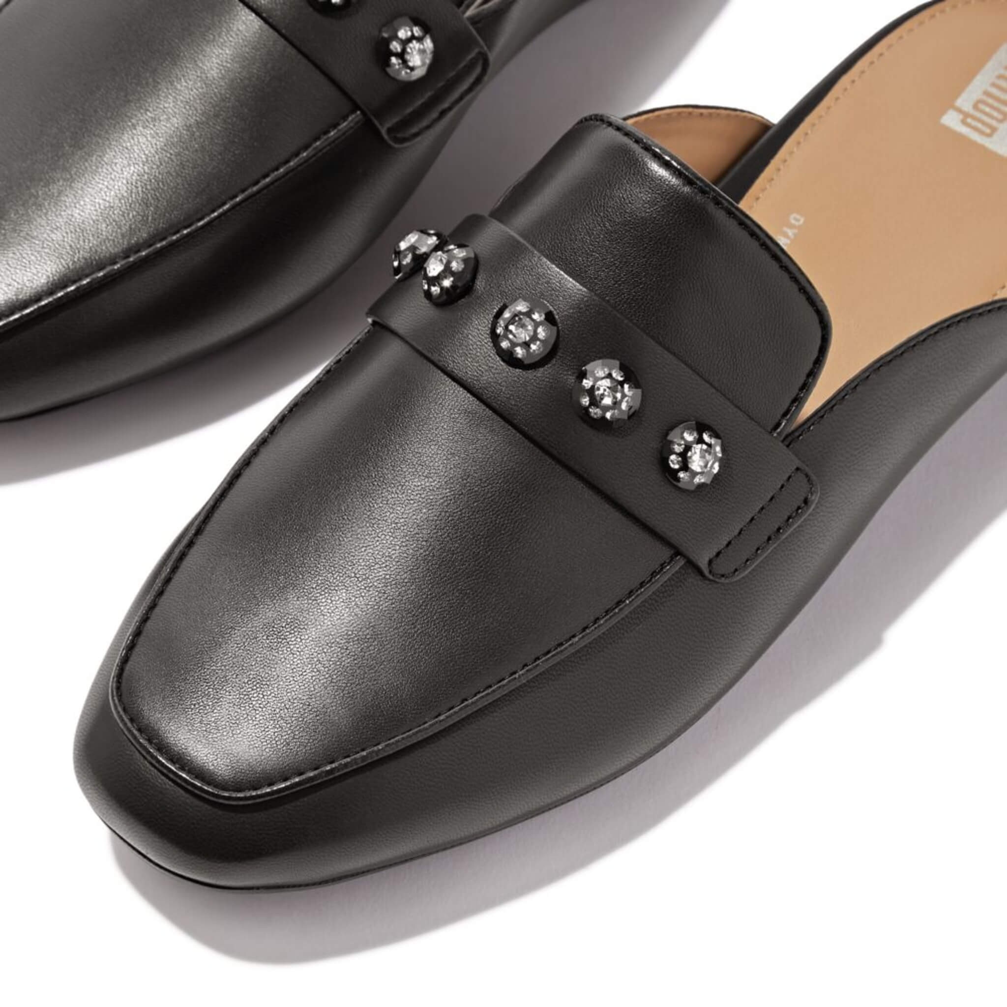 FitFlop Delicato Crystal Mule Slides - Women's Comfortable Black Sandals for Walking, Travel & Summer Outfits