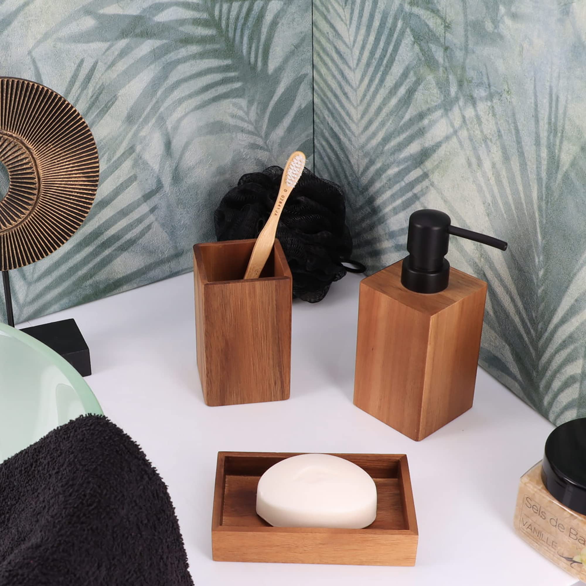 Premium Acacia Wood Bathroom Accessory Set - 6 Piece Shower Caddy with Soap Dish, Toothbrush Holder & More for Modern Bathroom Decor