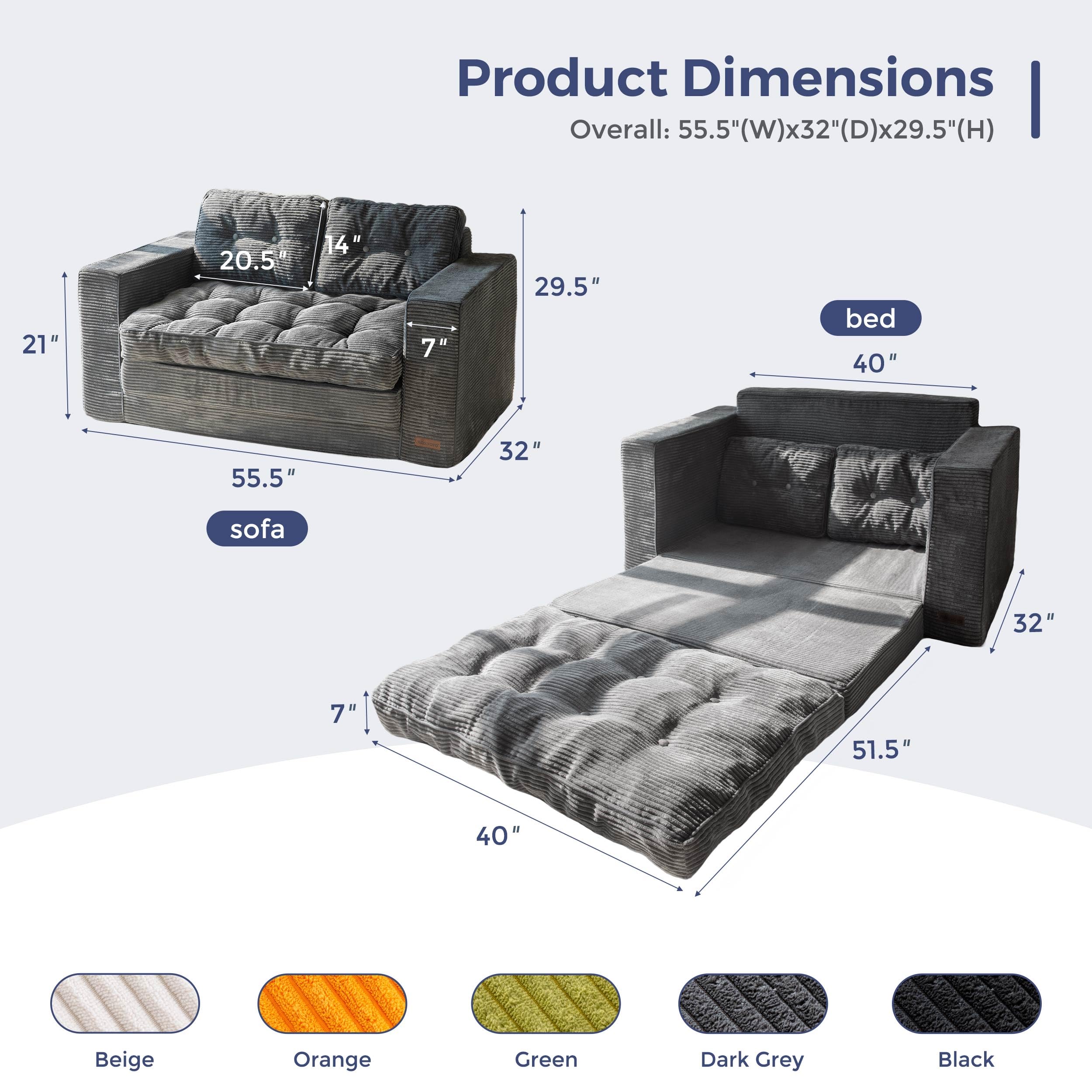 MAXYOYO Convertible Sofa Bed - Corduroy Floor Couch for Small Spaces | Dark Grey Convertible Sleeper Sofa | Perfect for Guest Room, Studio Apartments & Dorm Living