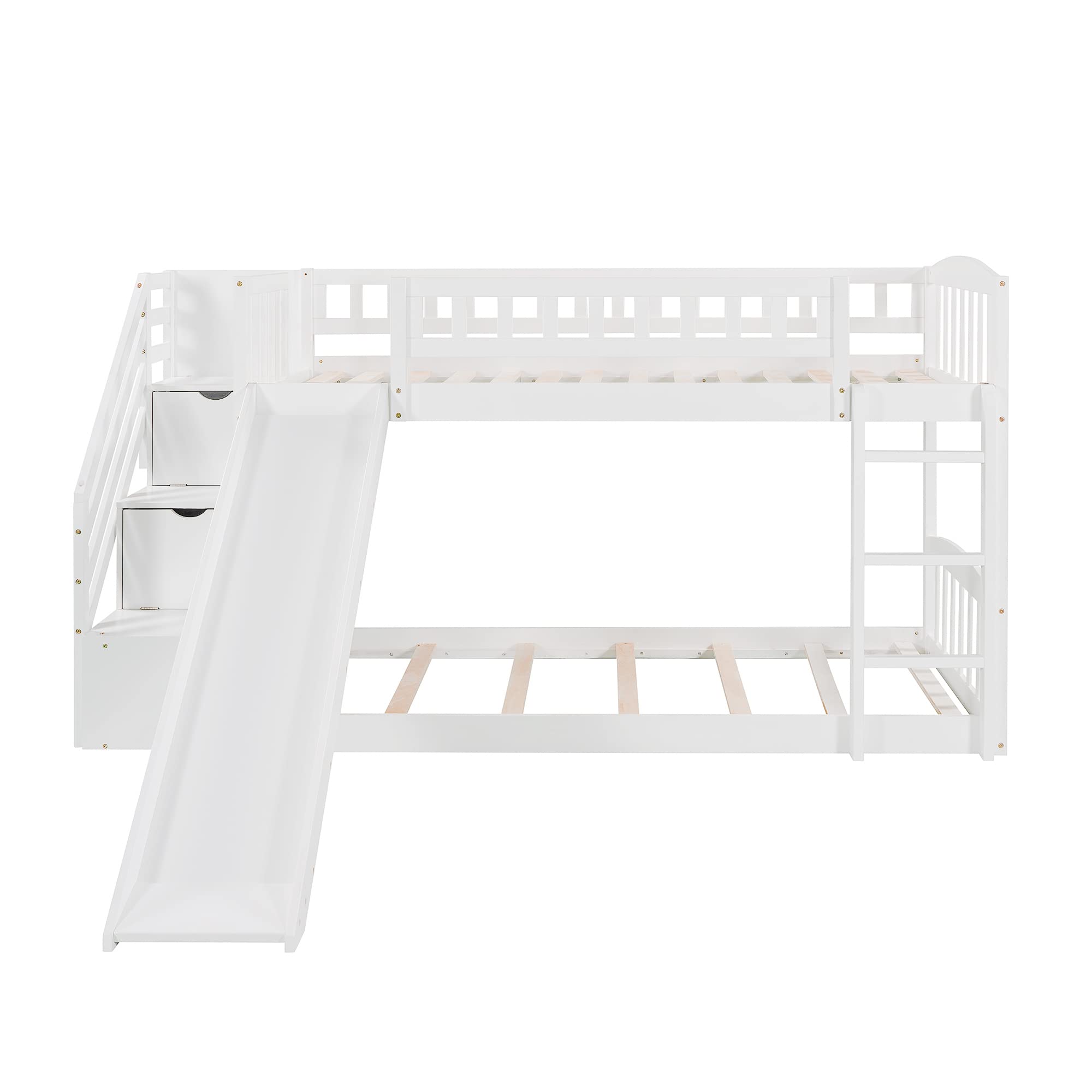 **Twin Over Twin Low Bunk Bed with Slide & Stairs - Solid Wood Kids Bunk Bed with Storage - White - Perfect for Toddlers, Boys & Girls - Ideal for Small Bedrooms & Shared Kids' Rooms**