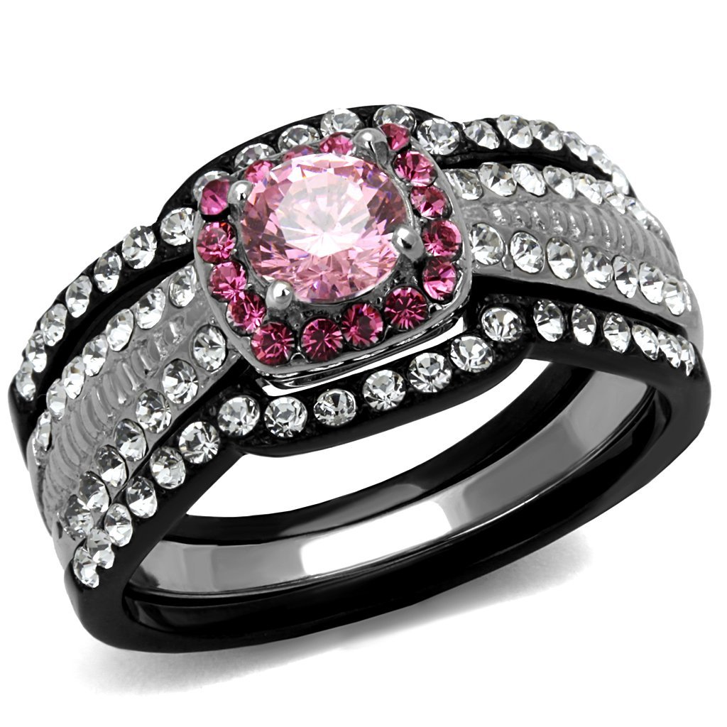 Women's Two-Tone Black Stainless Steel Rose CZ Ring Set for Wedding & Party