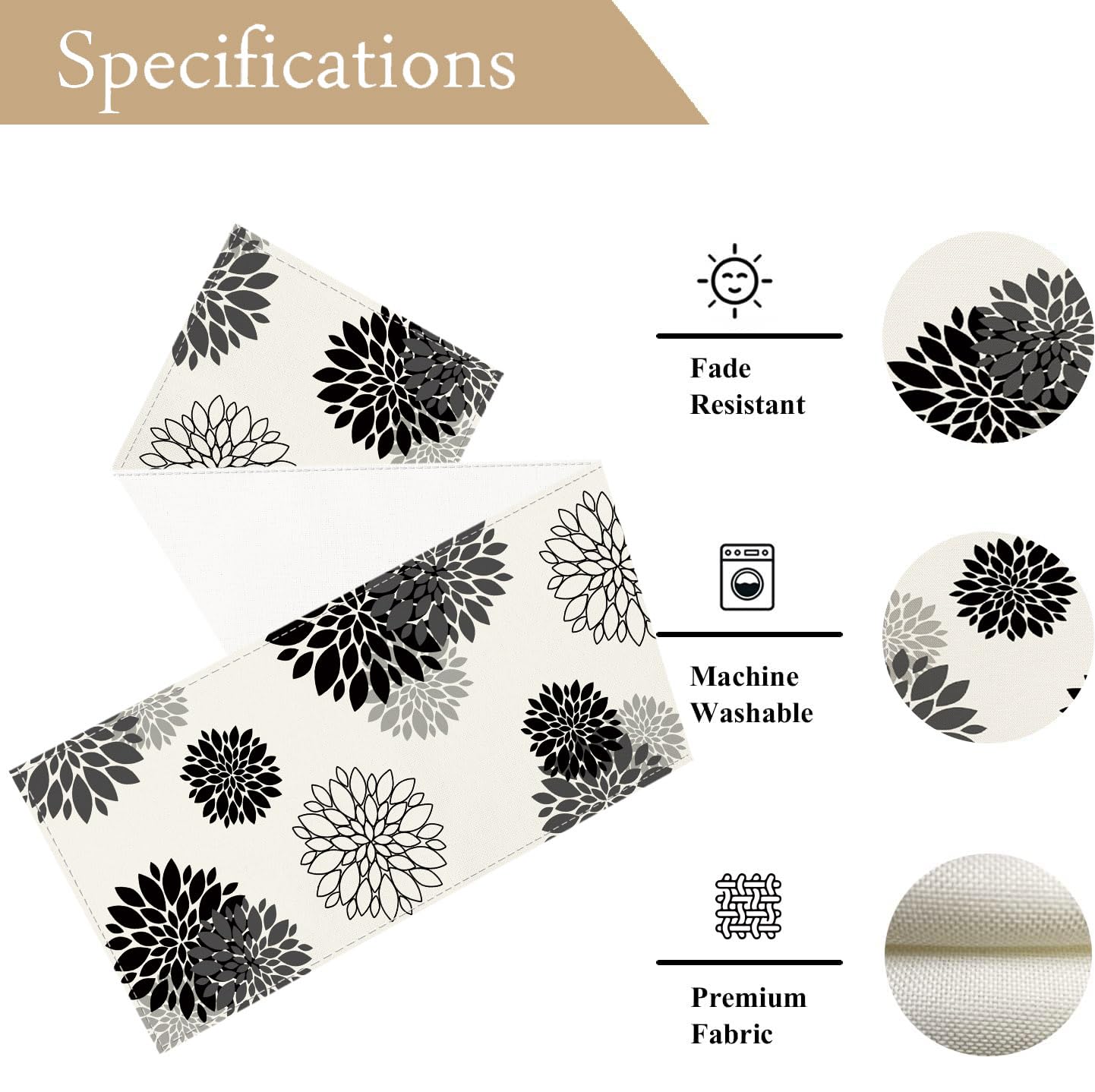 Modern Black Gray Dahlia Pinnata Flower Table Runner - Elegant Beige Pompon Farmhouse Geometric Design for Coffee Table, Dining Table, Kitchen Decor - 13 x 36 Inch - Perfect for Home, Parties & Farmhouse Style Decorations