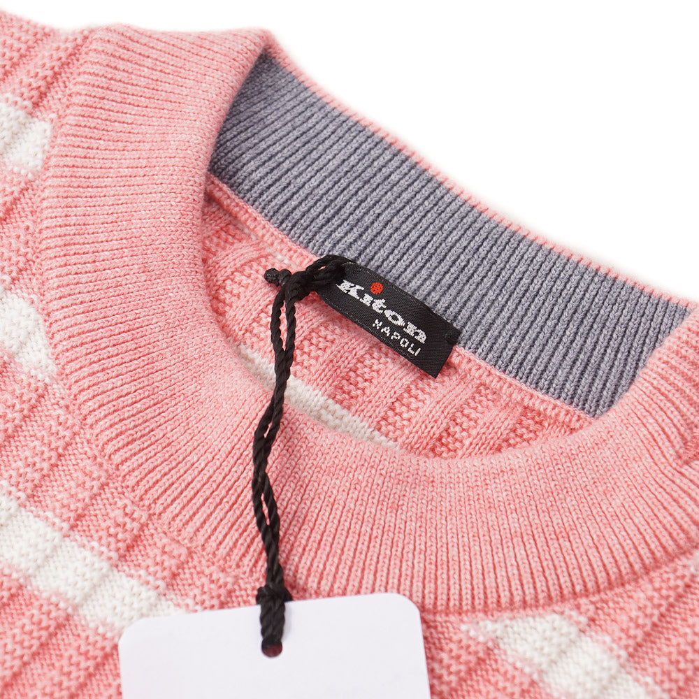 Premium Kiton Cotton Cashmere Sweater - Coral Pink Striped Pullover for Men | Soft Luxury Knitwear for Business Casual & Winter Layering