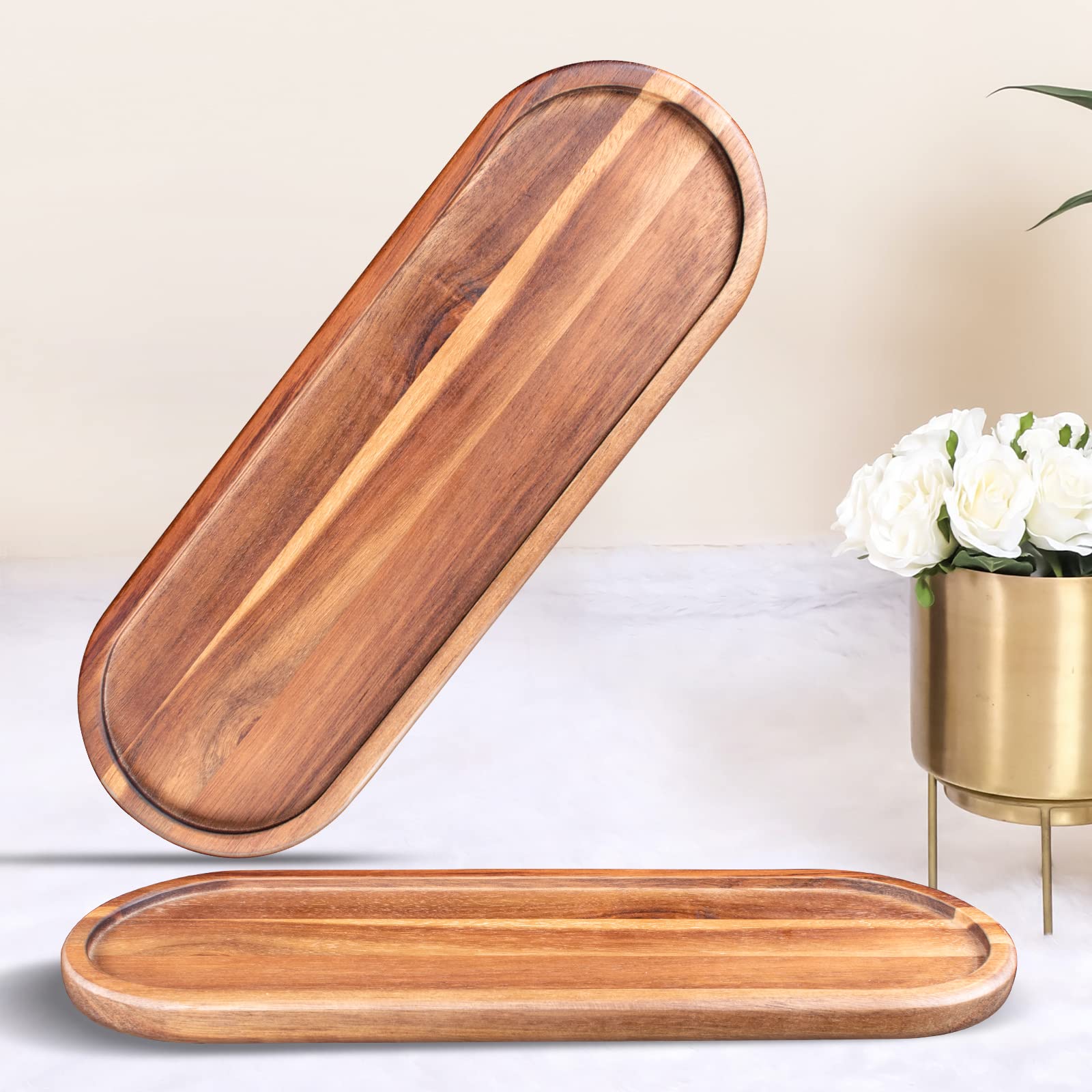 Wooden Vanity Tray Set of 2 - Rustic Farmhouse Bathroom Organizer for Perfume & Jewelry | Soap Storage Tray | Kitchen Countertop Decor Plate with Raised Edge | Perfect for Bathroom Vanity, Dresser Top & Gift Giving