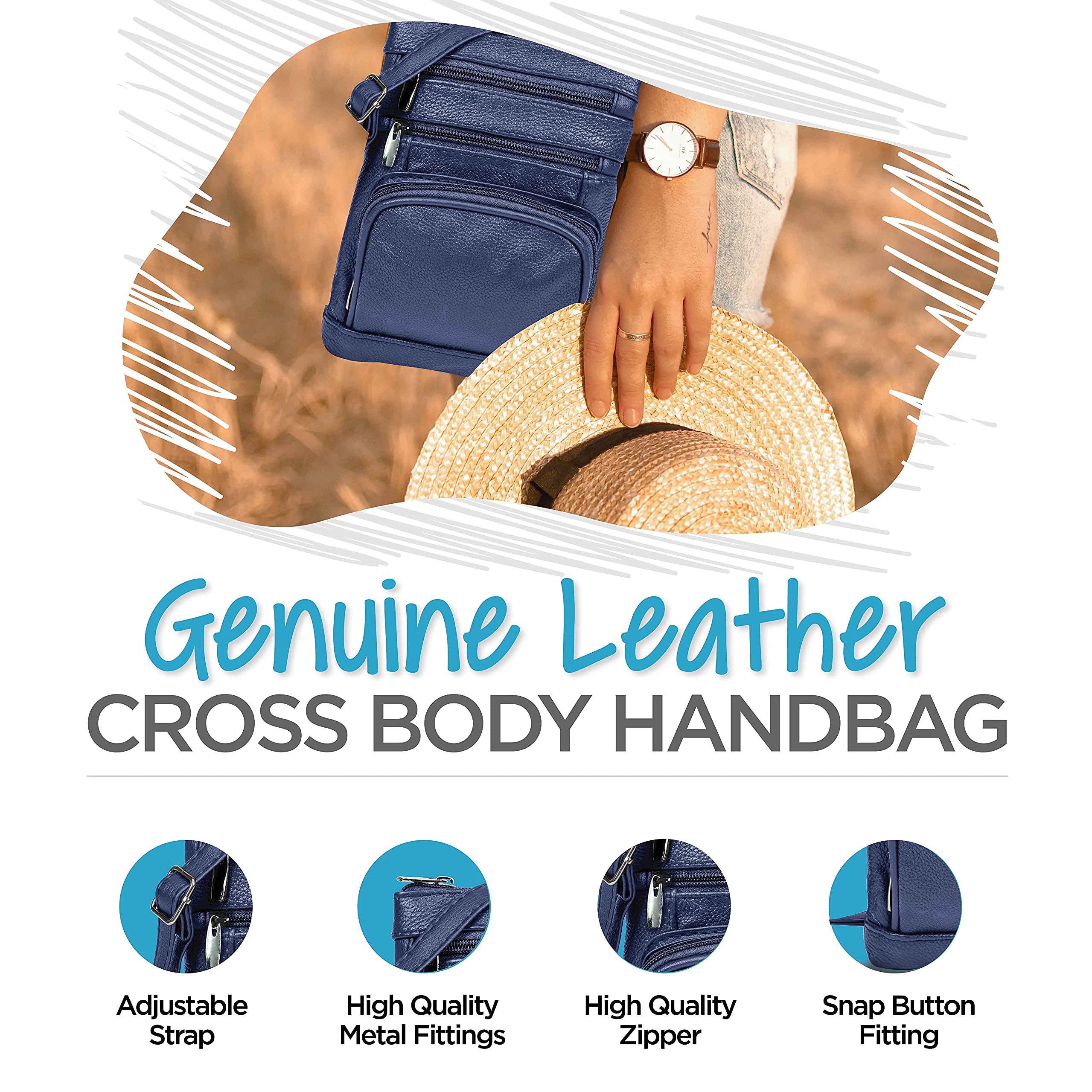 Krediz Genuine Leather Crossbody Bags for Women - Multi-Pocket Adjustable Strap Shoulder Purse - Soft Durable Leather Handbag for Work, Travel & Everyday Use