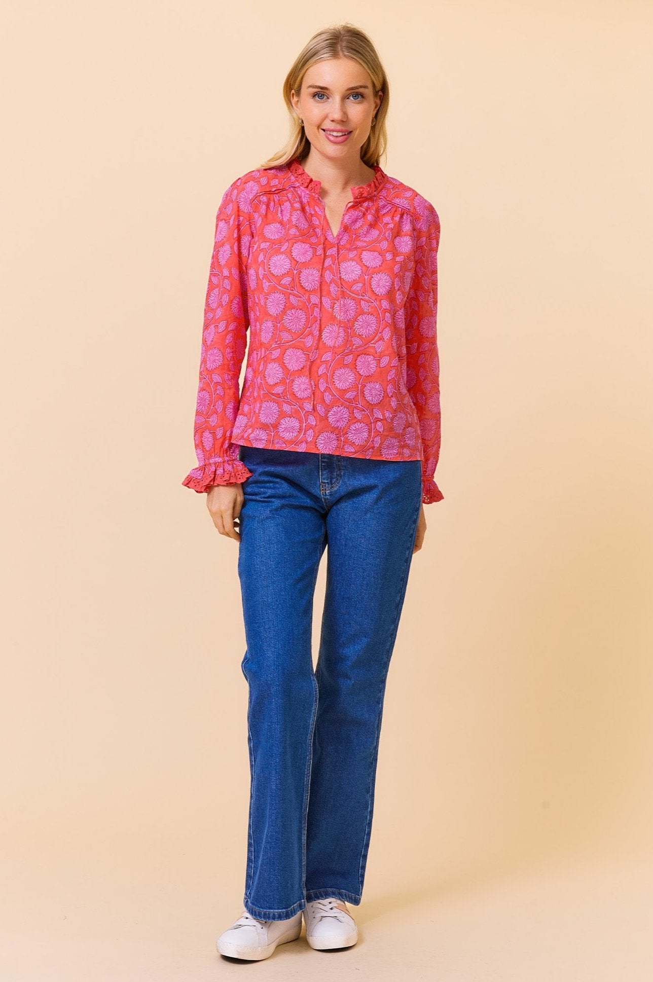 Rosie Organic Cotton Block Print Blouse - Lotus Red & Pink Floral Embroidered Top for Women | Boho Chic Summer Outfit, Casual Wear & Festival Fashion