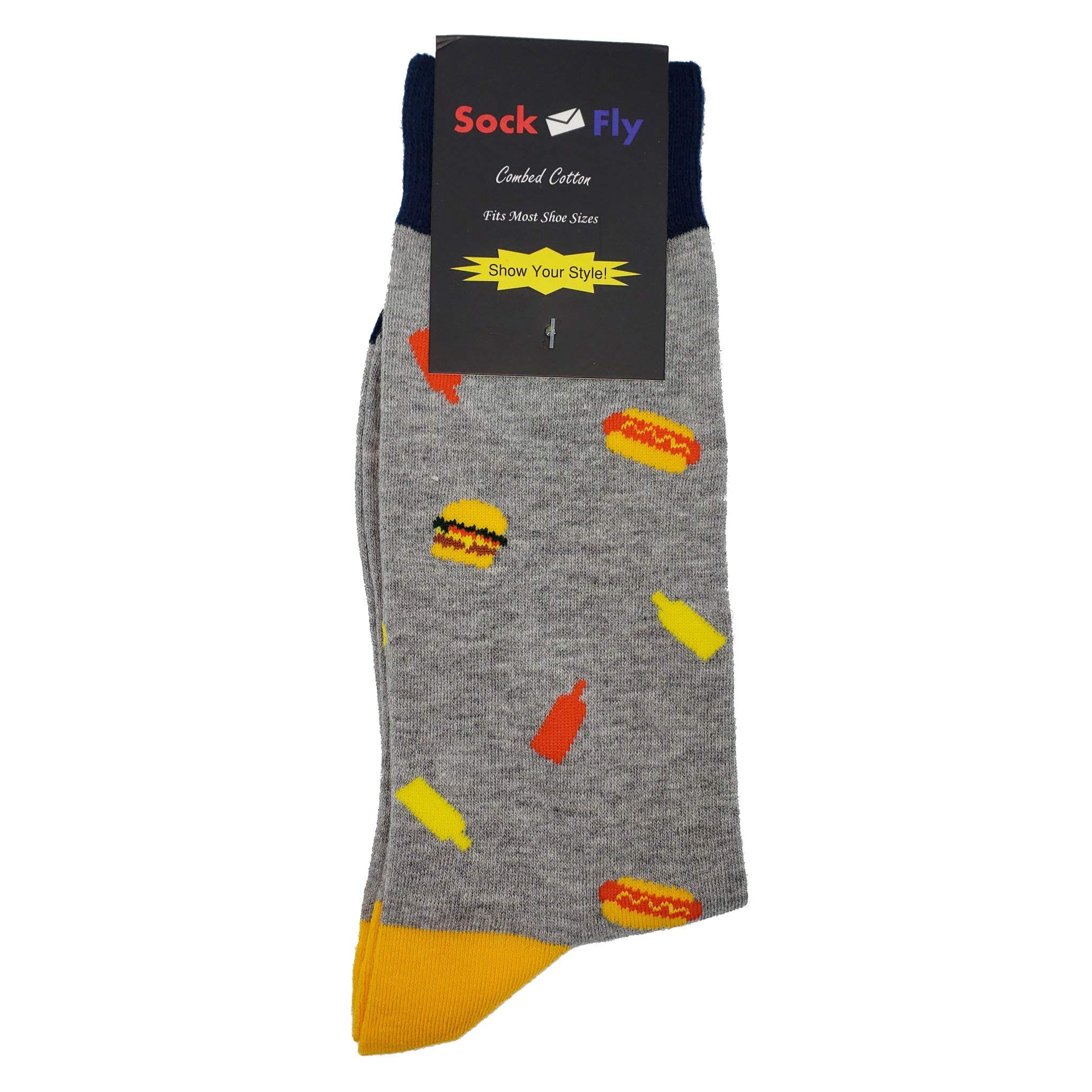 Funny Fast Food Print Men's Socks - Cotton Crew Socks Size 8-12 with Crazy Burger Pizza Designs - Colorful Novelty Gift Socks for Casual Wear, Cosplay & Gag Gifts