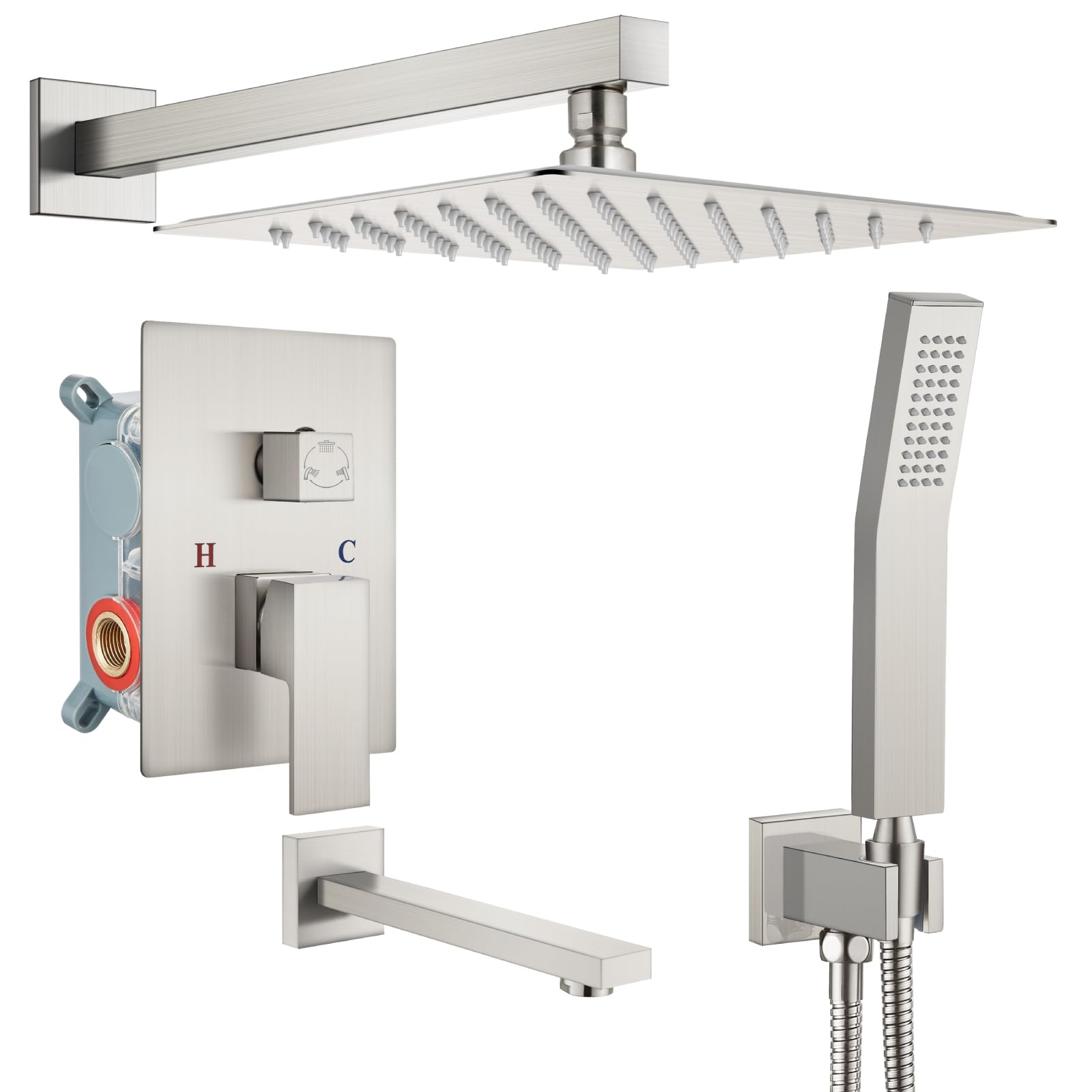 Gotonovo 3-Function Wall Mounted Shower System Set with Rainfall Shower Head, Handheld Spray & Tub Spout - 10 Inch Brushed Nickel Shower Faucet Combo & Rough-in Valve Trim Kit for Bathroom Remodel & Spa-Like Experience