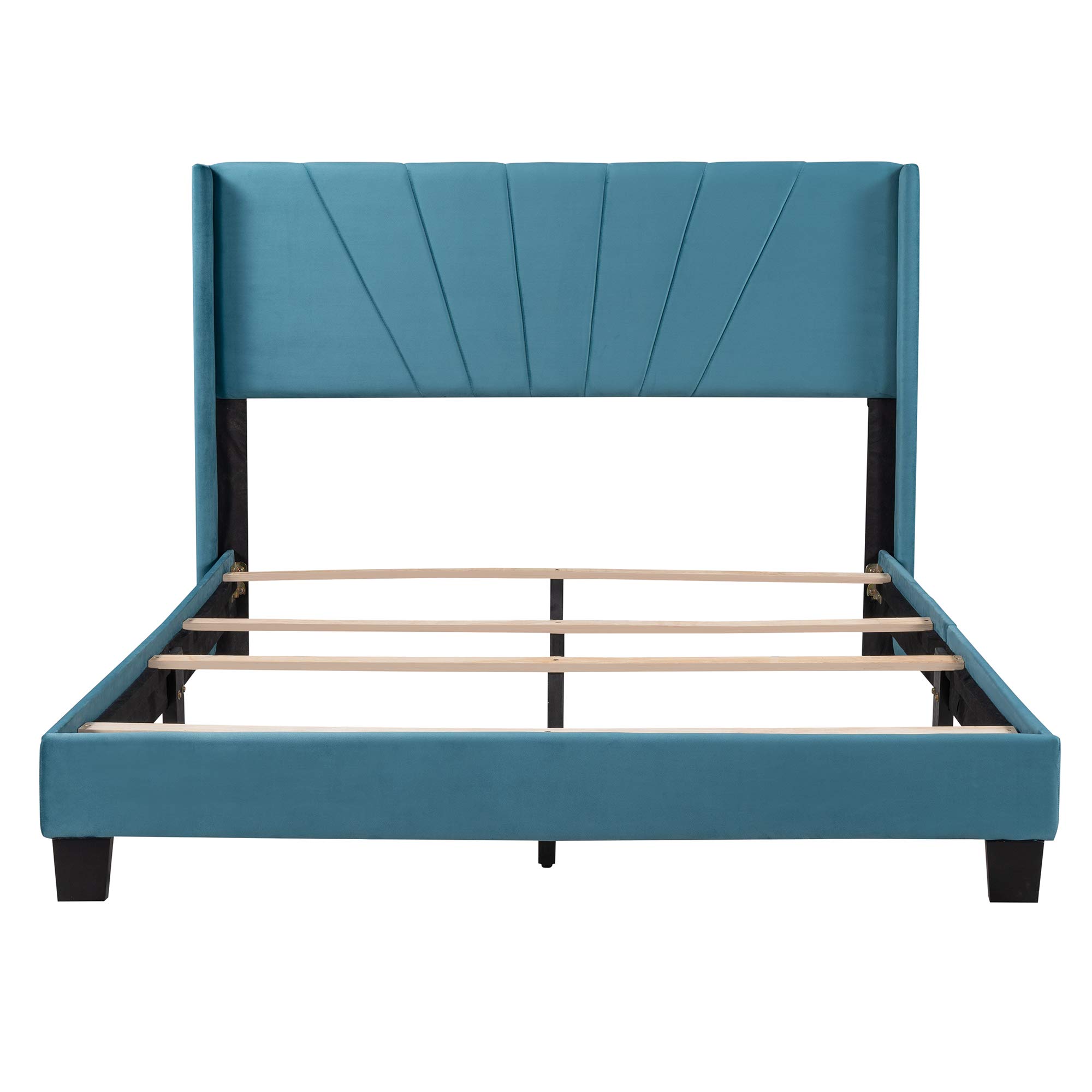Blue Velvet Upholstered Queen Platform Bed Frame with Wooden Slats & Stylish Headboard - Modern Bedroom Furniture for Guest Rooms & Master Suites | Queen Size Bed with Luxurious Velvet Fabric for Elegant Home Decor