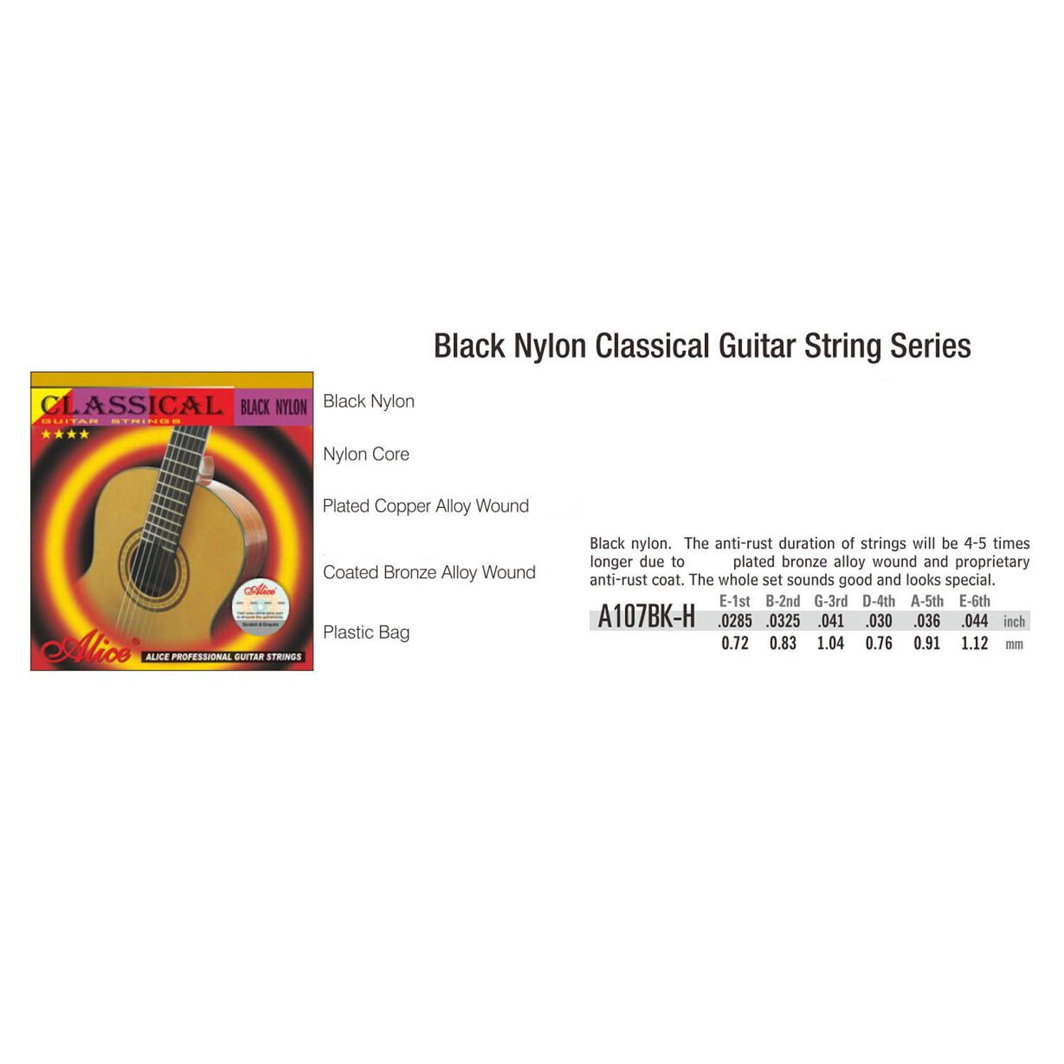 3 Sets Alice A107BK-H Black Nylon Gold Plated Guitar Strings - Classical Hard Tension (.0285-.044) for Acoustic Guitar - Perfect for Performances & Practice Sessions