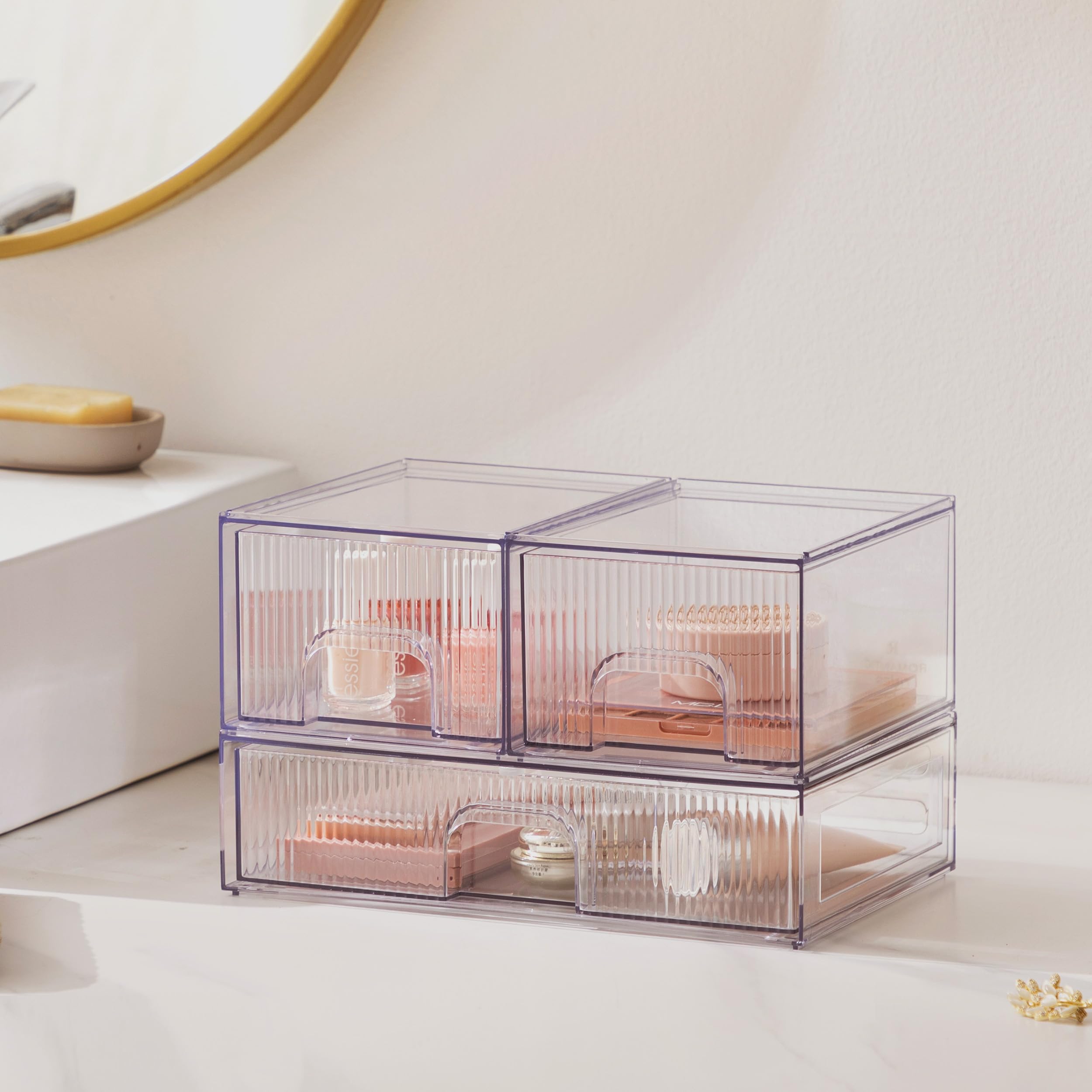 Clear Stackable Desk Storage Drawers - 3 Pack Acrylic Organizer Bins for Bathroom, Makeup, Pantry & Cabinet | Easy Assembly Multipurpose Plastic Drawers for Vanity, Undersink & Brightroom Organization | Perfect for Home, Office & Dorm Room Storage Solutions