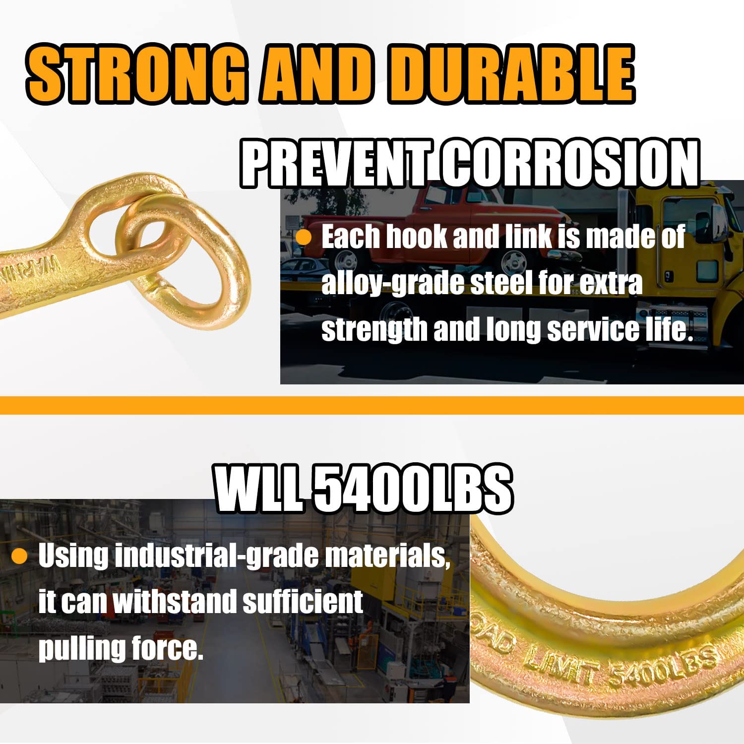 2 Pack 8 Inch Heavy Duty J Hook Tow Hooks with Coupling Links - Yellow Zinc Plated G70 Steel Clevis for Tractor, Truck & Trailer - Perfect for Towing, Recovery & Off-Road Use