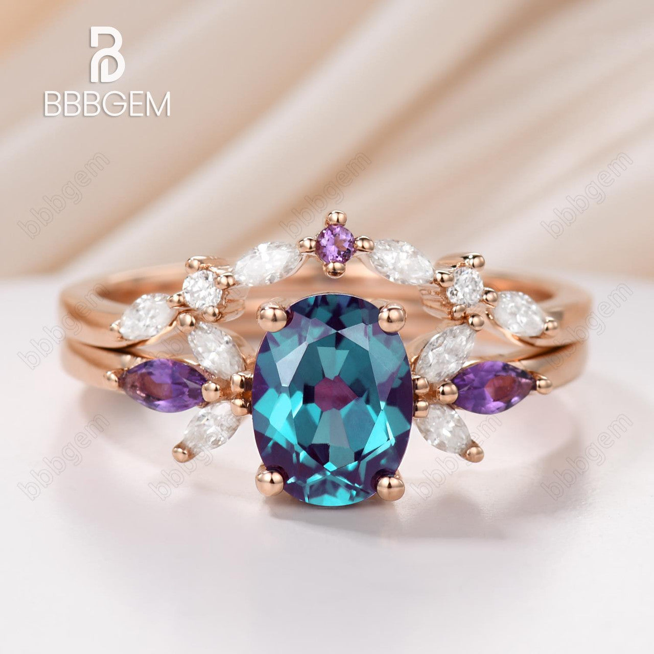 1.5 Carat Vintage Alexandrite Engagement Ring Set with Oval Cut & Matching Curved Wedding Band - Perfect for Proposals, Anniversaries & Special Occasions