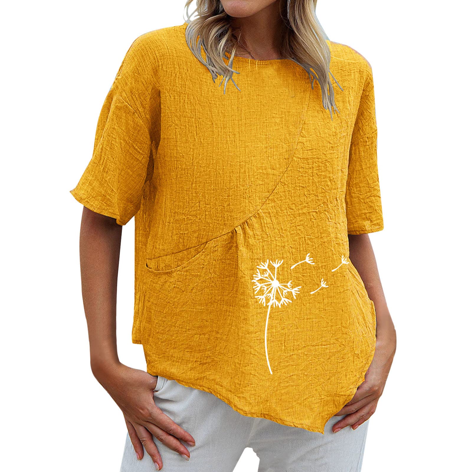 Women's Printed Crew Neck Short Sleeve T-Shirt - Soft Cotton Linen Blend Summer Top - Loose Fit Casual Tee in Yellow Gold for Women | Perfect for Beach Outings, Weekend Wear & Summer Vacations