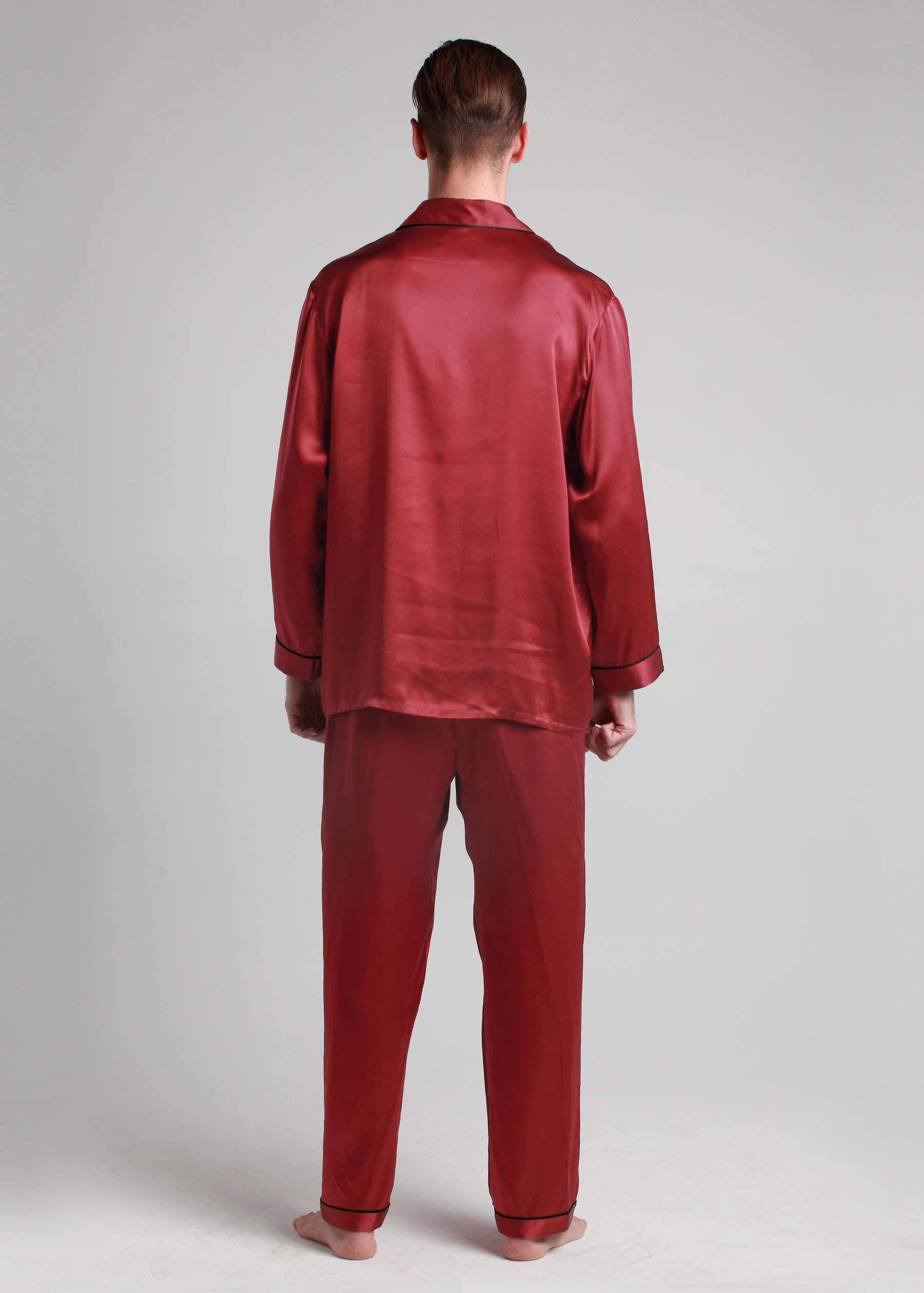 Premium 100% Silk Pajamas for Men - Long Sleeve Soft Lounge Sleepwear with Contrast Trim | Ideal for Relaxing at Home, Spa Days & Luxury Gifts