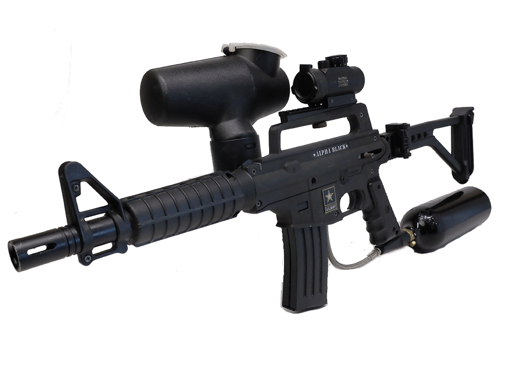 Tippmann M16 Alpha Black Tactical Paintball Gun with CO2 Canister & Cyclone Feed System - Includes Matrix Tactical Scope - Perfect for Outdoor Combat Games, Military Simulation & Paintball Tournaments