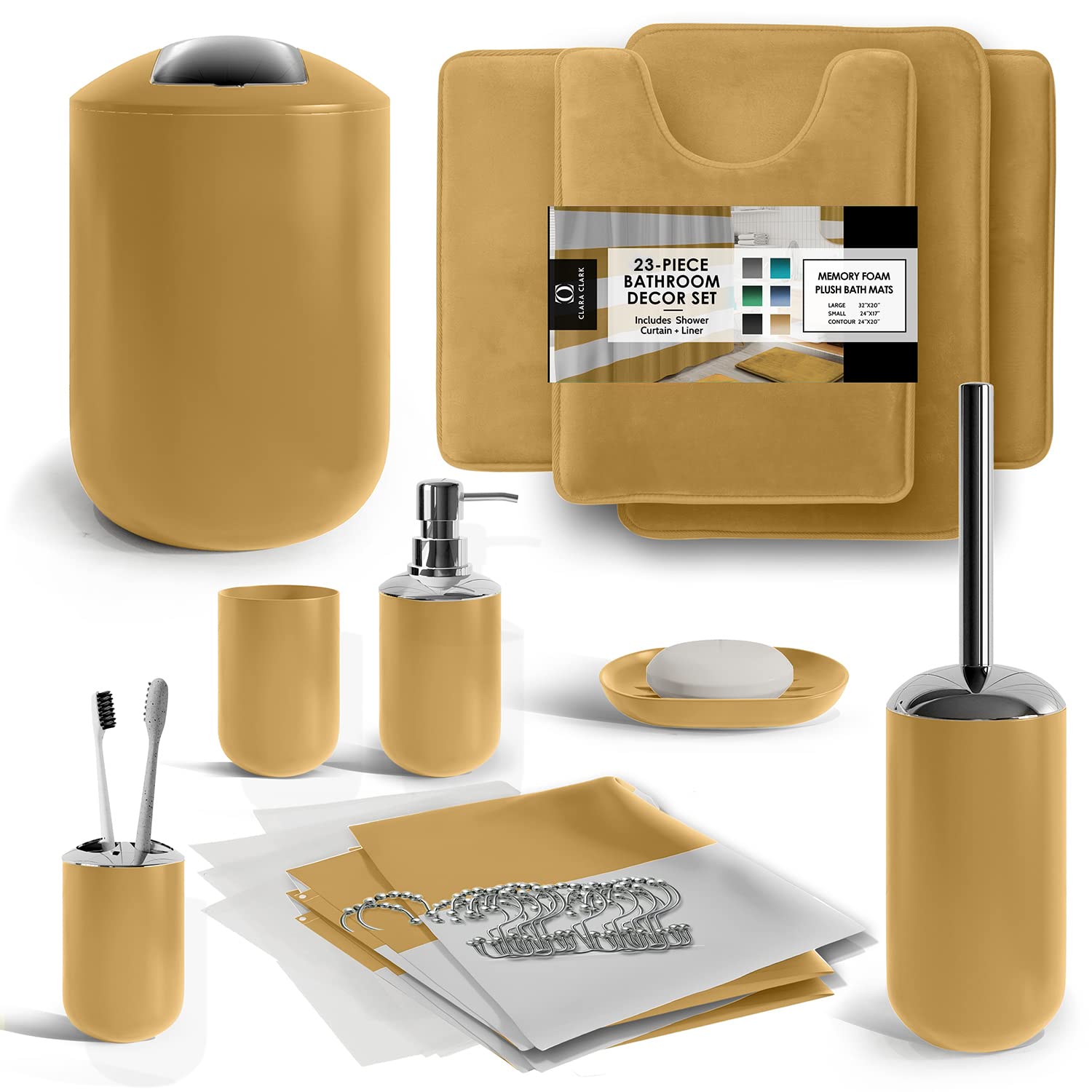 Clara Clark 23-Piece Luxury Bathroom Set - Non-Slip Soft Bath Rugs, Gold Shower Curtain with Liner & Hooks - Complete Bathroom Accessories for Master Bath, Guest Bath & Apartment Decor