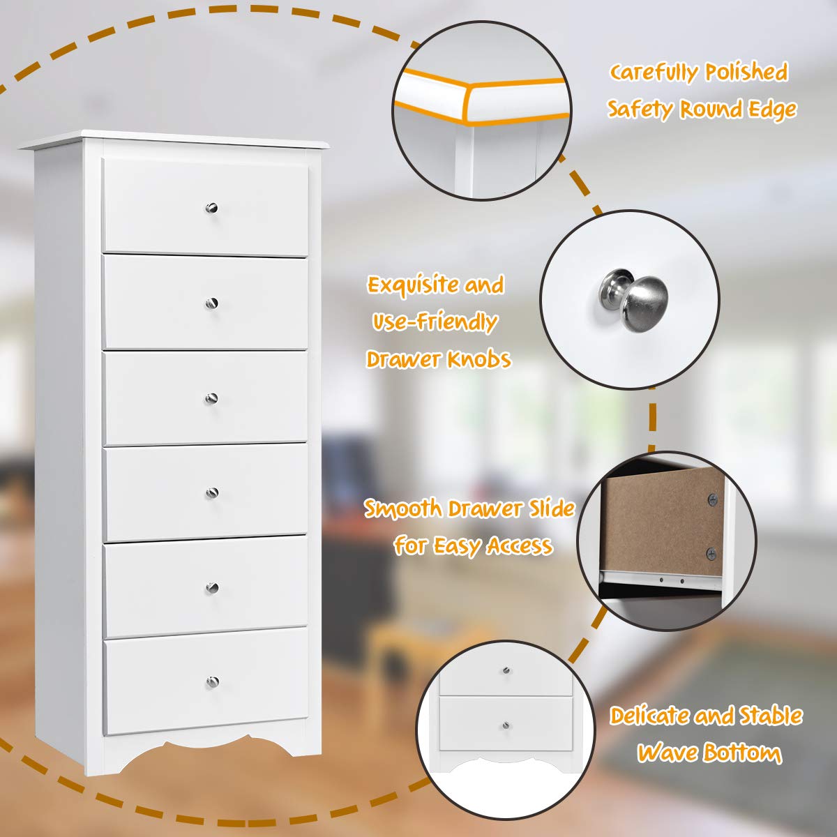 Giantex 6-Drawer Wooden Dresser - Tall Storage Cabinet for Clothes Organizer, White - Perfect for Bedroom, Hallway & Entryway Furniture - Ideal for Home Organization & Small Space Storage