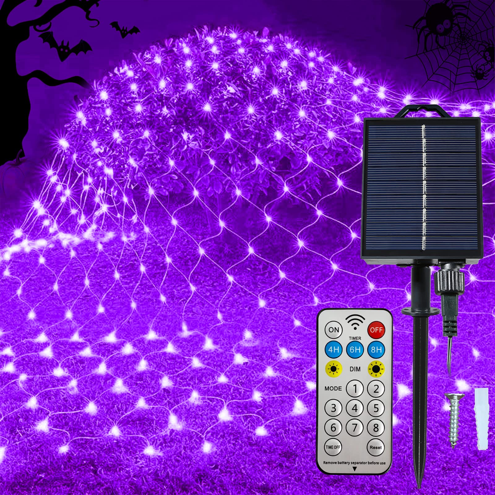 Malgero Solar Powered 264LED Purple Christmas Outdoor Lights - 8 Modes 9.8Ft x 6.6Ft Mesh Net Fairy String Lights for Tree, Bush, Garden, Patio Decor | Perfect for Halloween, Parties, Christmas & Outdoor Lighting