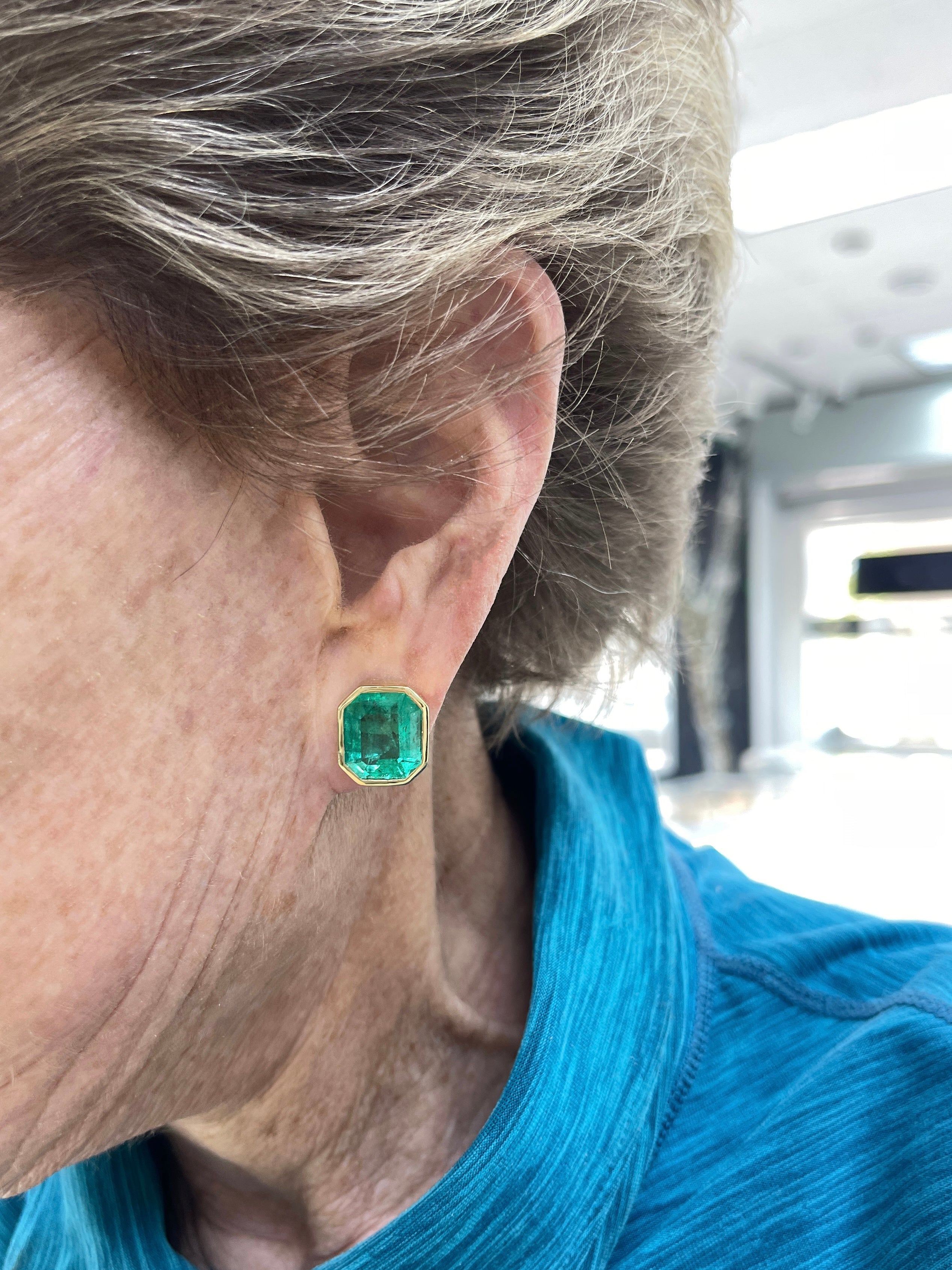 14.30tcw Large Bezel Set Natural Colombian Emerald Stud Earrings in 18K Gold | Luxury Jewelry for Women, Perfect for Weddings, Parties & Special Occasions