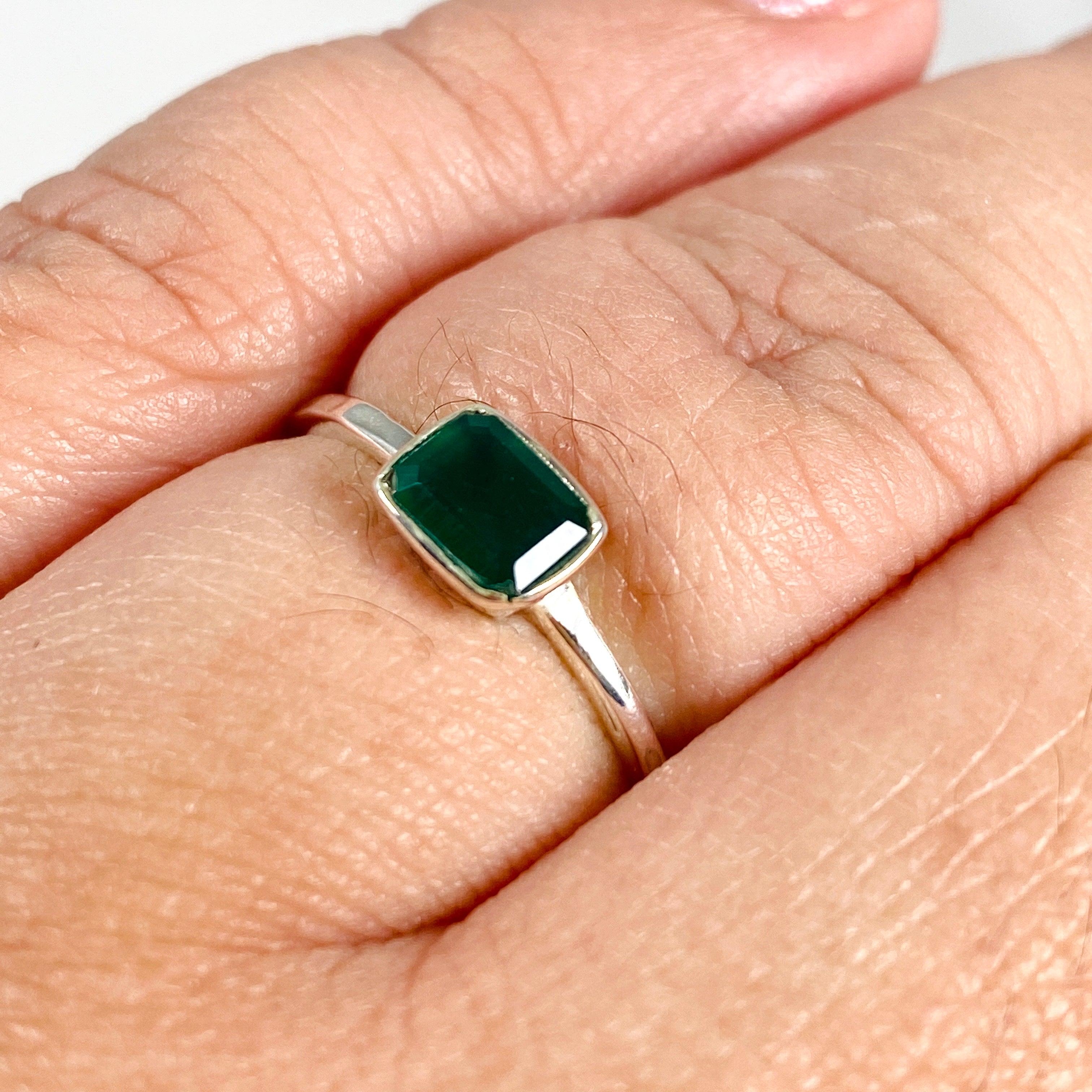 Green Onyx Rectangular Faceted Fine Band Ring R3793 GO - Elegant Sterling Silver Jewelry for Women, Perfect for Weddings, Parties & Everyday Wear