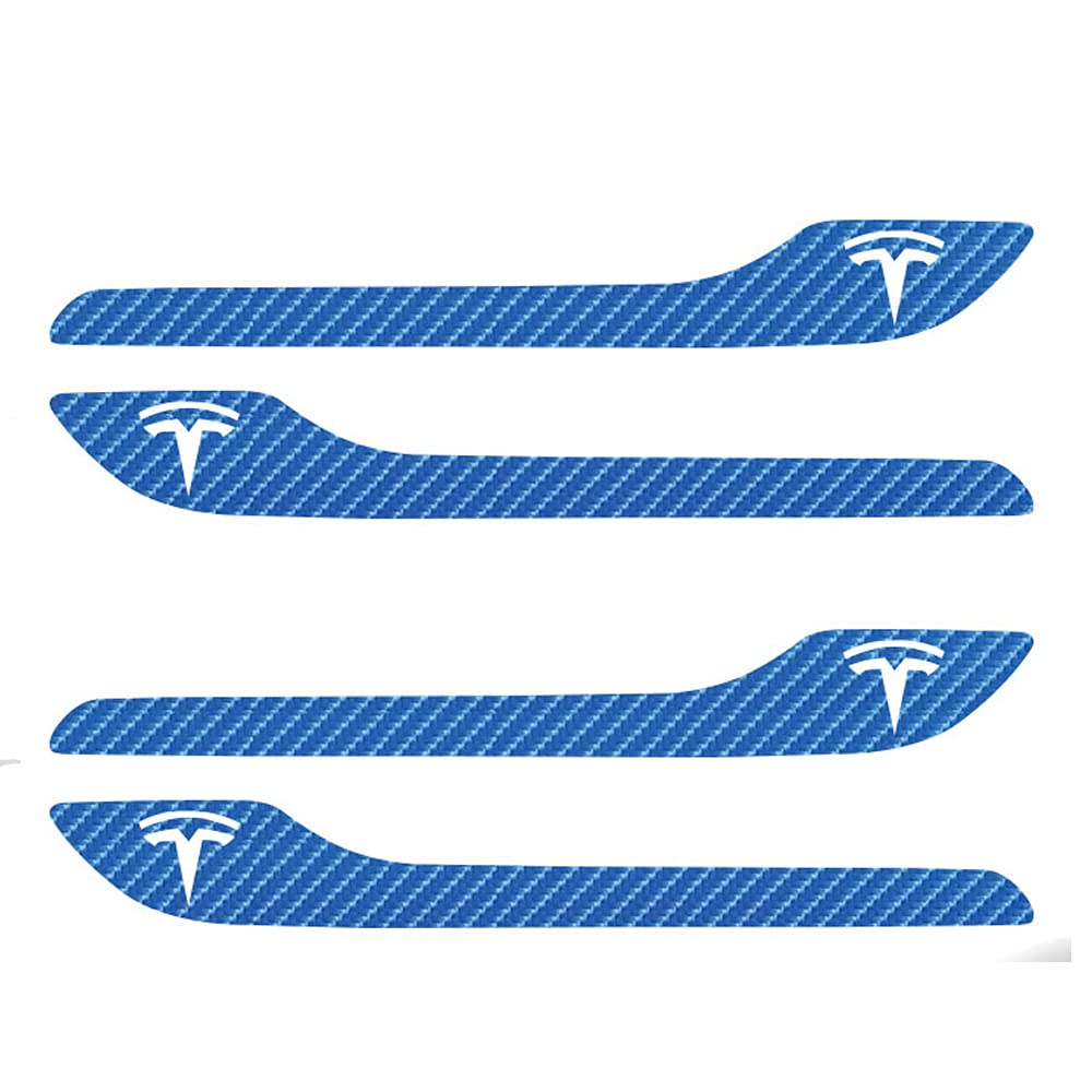 Premium Tesla Model 3 Door Handle Decal Wrap Kit (4-Piece Set) - Blue Carbon Fiber with Tesla Logo - Easy Installation & Car Accessories Upgrade for Style & Protection