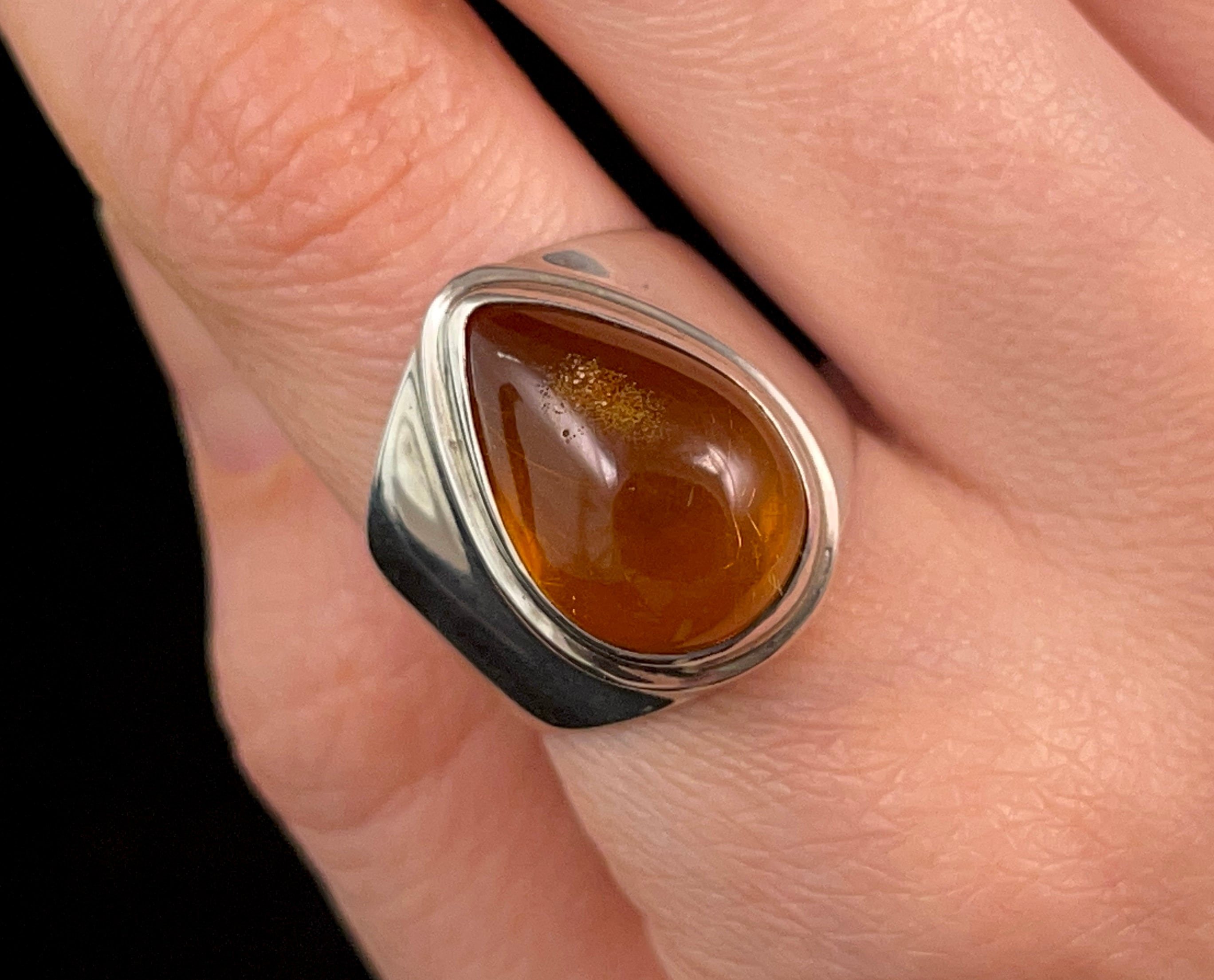Handmade Sterling Silver Amber Ring - Size 7.75 with Natural Amber Stone & Healing Crystal | Boho Jewelry for Women, Spiritual Healing, Meditation & Everyday Wear