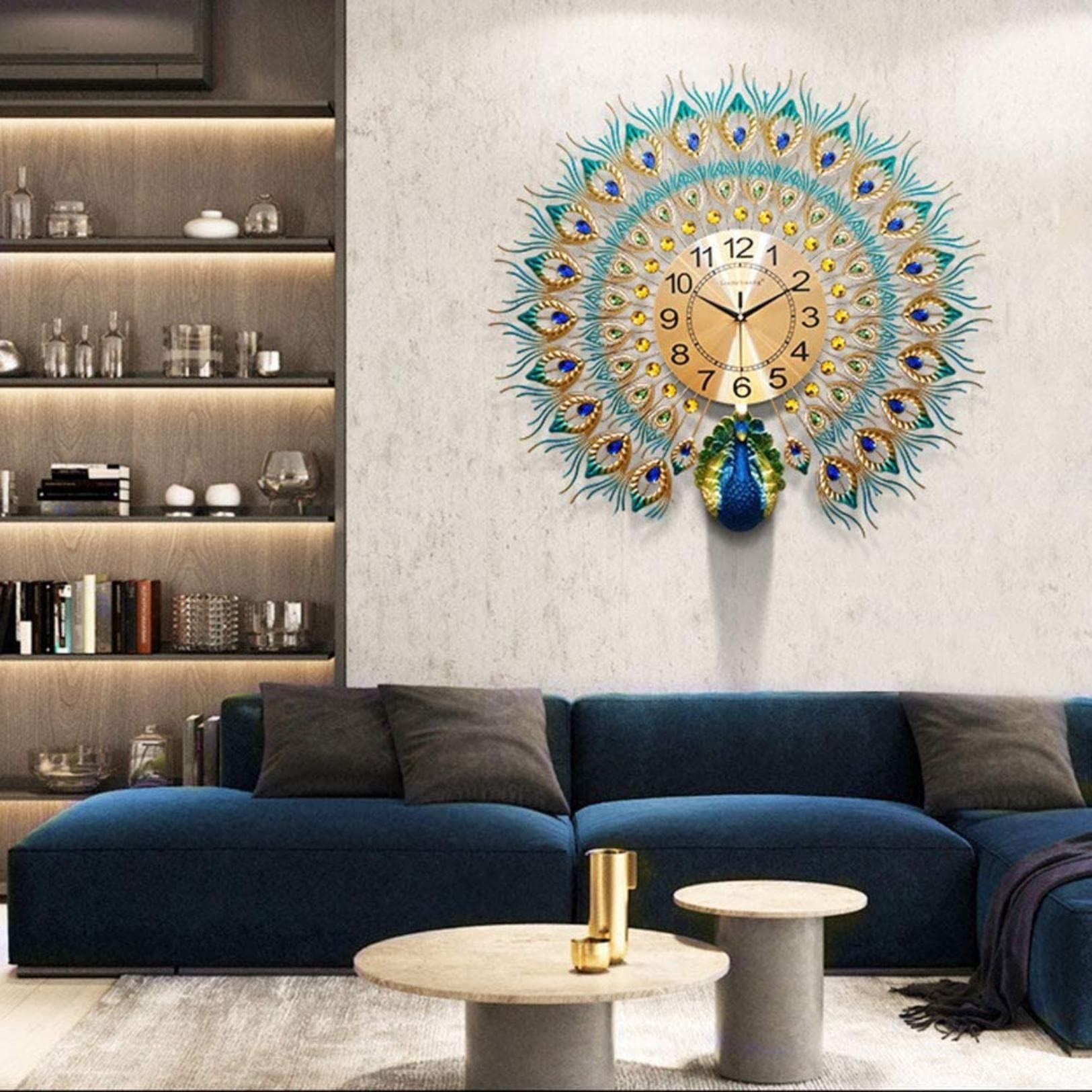 CRADZZA European Style Peacock Wall Clock - Luxury Crystal Living Room Decor, Modern Art Decorative Silent Quartz Clock (70×64cm) - Perfect for Home, Office & Gift Giving