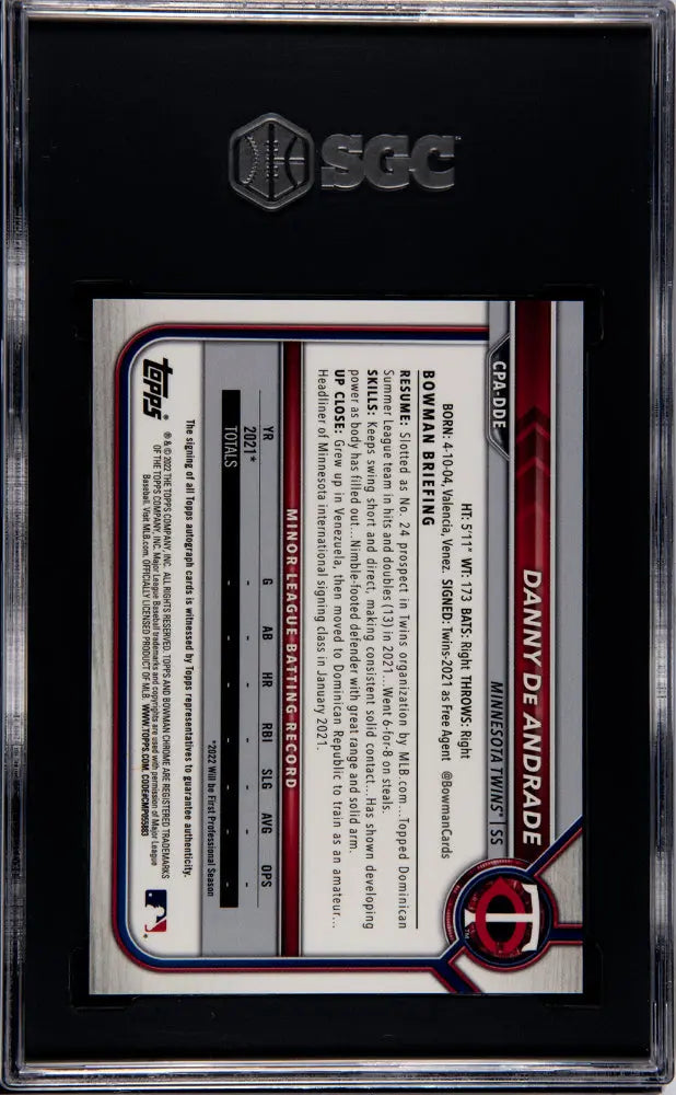 2022 Bowman Chrome Danny De Andrade Green Atomic Refractor Auto SGC 9.5 /99 - Rare Baseball Card for Collectors & Investors - Perfect for Display, Trading, and Portfolio Diversification