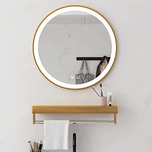 Round LED Bathroom Mirror with Towel Rack - Anti Fog Makeup Vanity Mirror with Illuminated LED Lighting, Aluminum Alloy Frame, Adjustable Cold/Warm Light (Gold, 70x70cm/27.6x27.6in) - Perfect for Modern Bathrooms, Powder Rooms & Dressing Areas