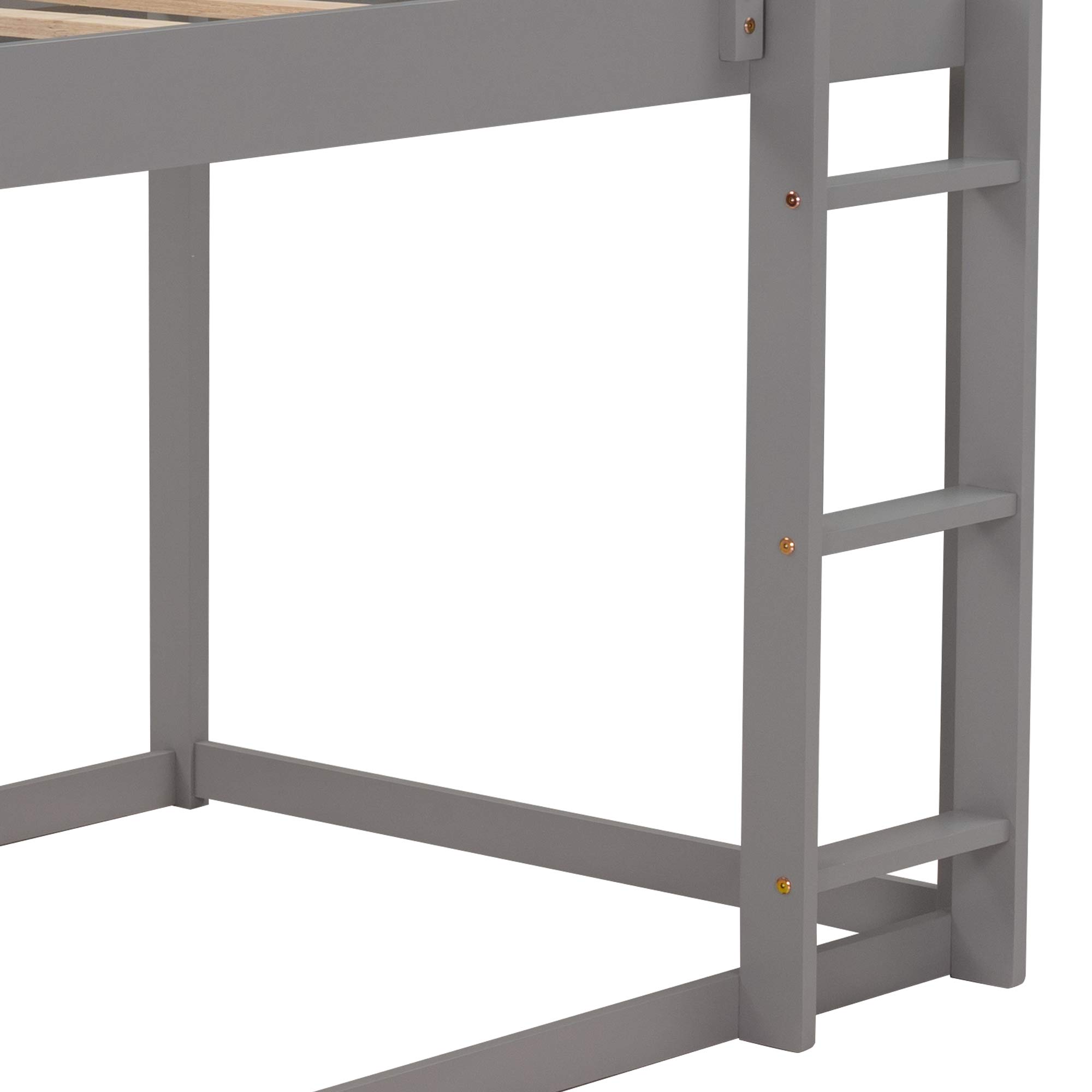 Twin Over Twin Low Bunk Bed Frame with Ladder & Guardrail - Sturdy Wood House Design for Kids & Teens - No Box Spring Needed (Gray + Pine) - Perfect for Small Bedrooms, Dorms, and Shared Kids' Rooms