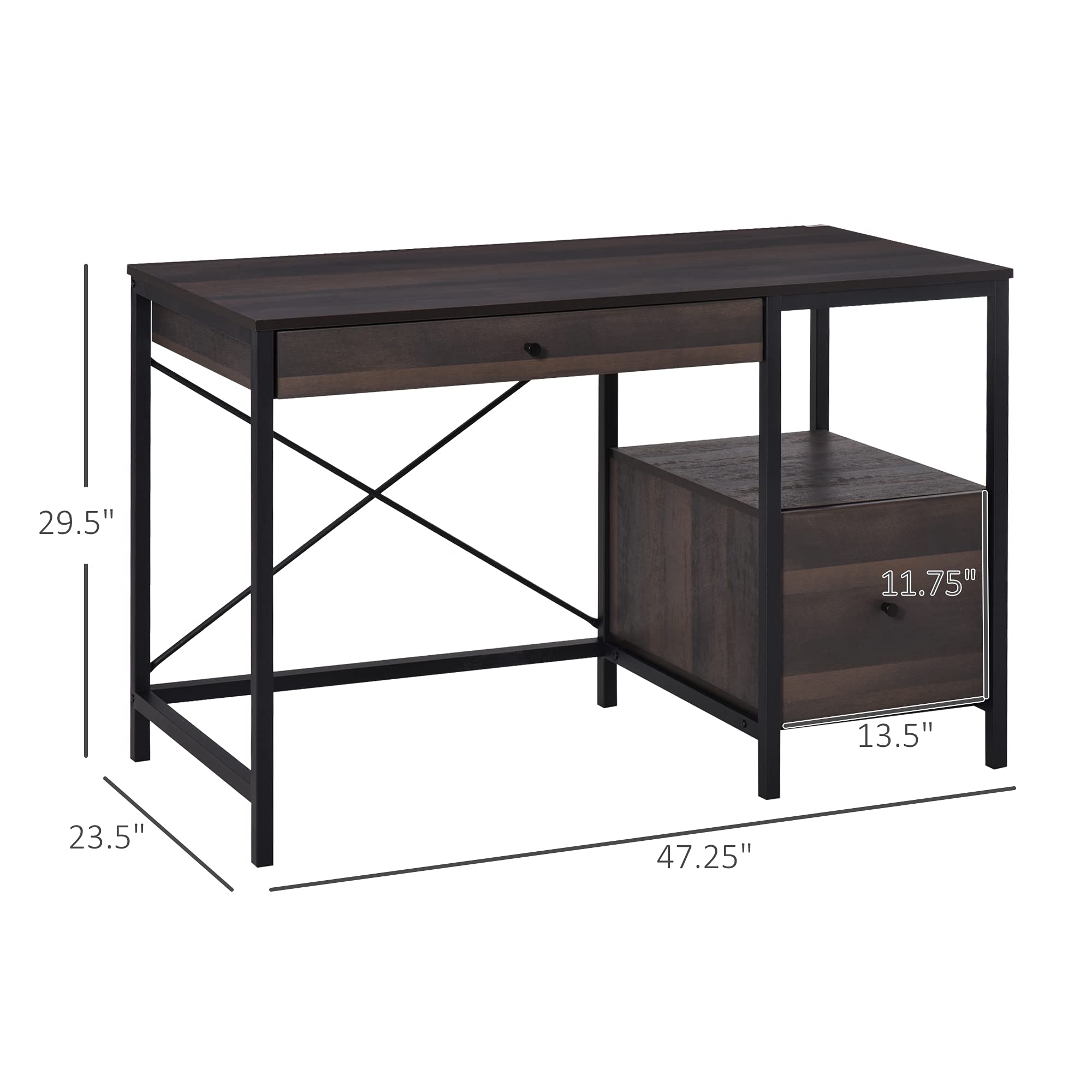 HOMCOM Industrial Style Home Office Desk with Filing Cabinet Storage Drawer for Letter Size Papers - Steel Frame Black/Walnut Computer Desk for Small Spaces, Home Office & Study Room