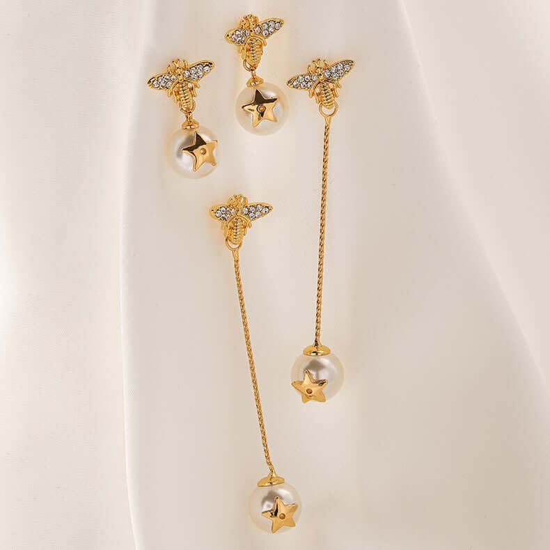 Dainty Bumble Bee Pearl Drop Earrings for Women - Elegant Gold Plated Dangle Earrings with Freshwater Pearls | Perfect for Weddings, Parties & Everyday Wear (DMS271)