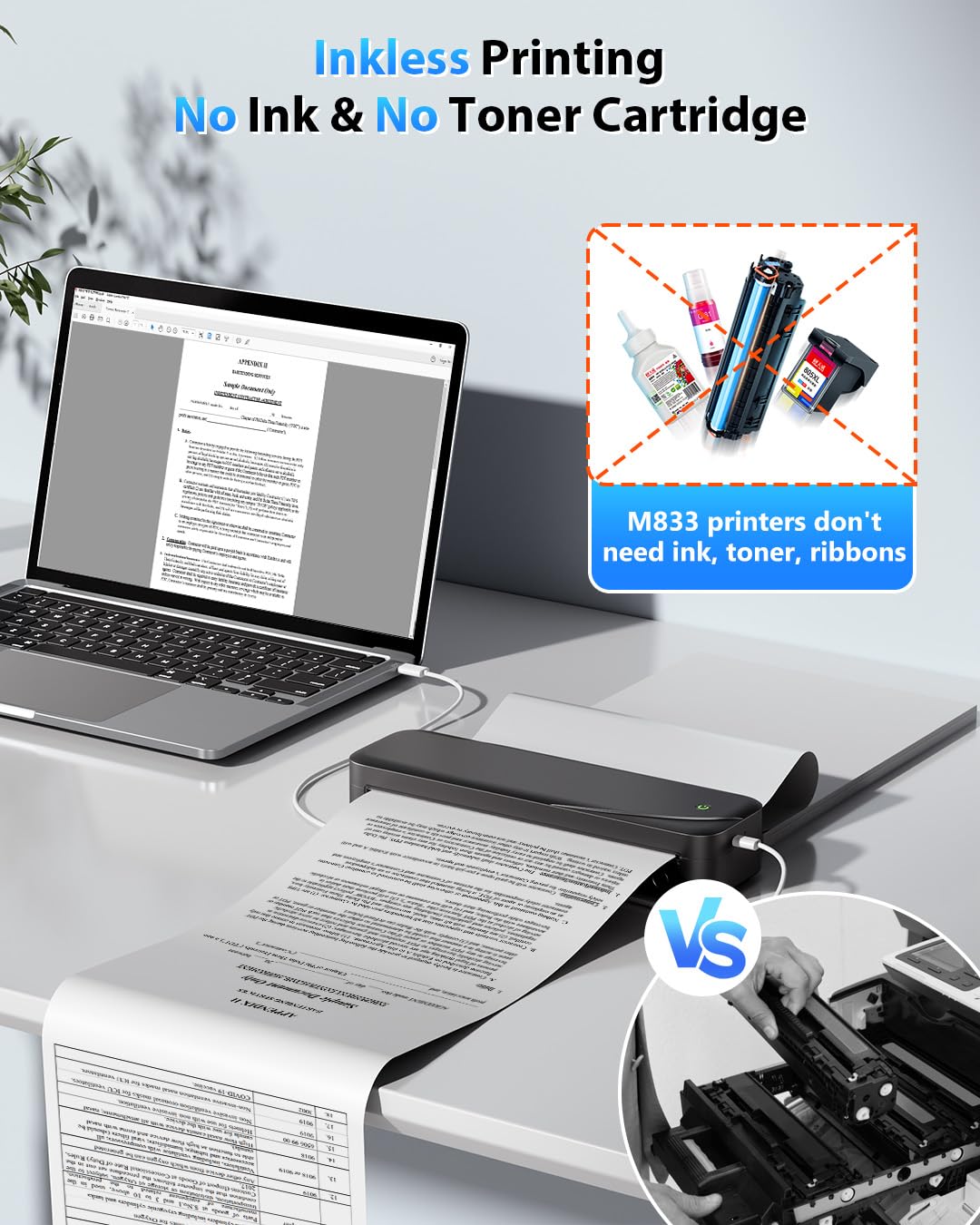 Memoking M833 A4 Thermal Printer - Portable Bluetooth Printer, 304 DPI High Resolution, Compatible with A4/A5/A6/4x6/3x5 Paper Sizes for Office, Home & Photo Printing (Works with Phone, Tablet & PC) - Perfect for Receipts, Labels, Documents & Instant Photos