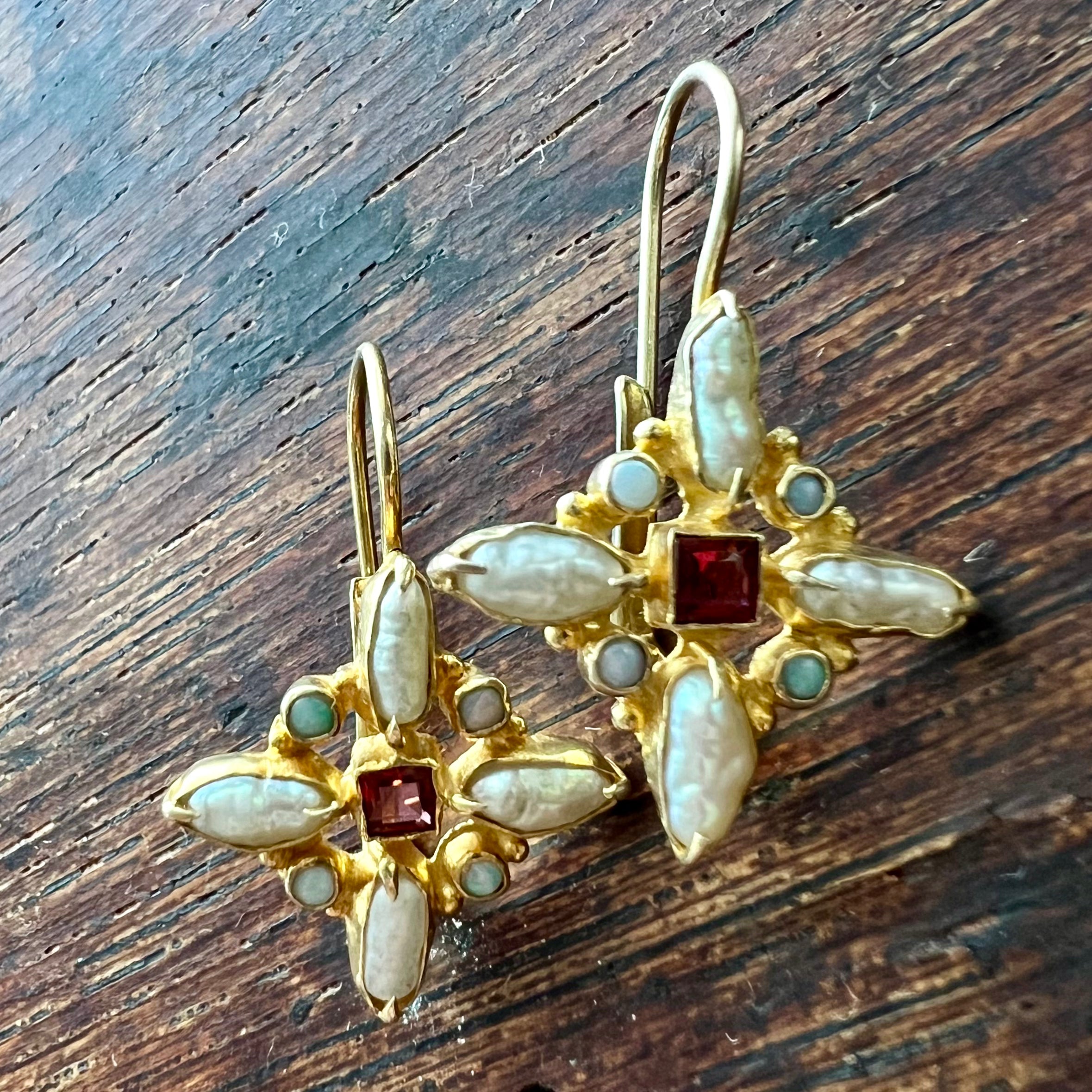 Florentine Cross Garnet Pearl Opal Earrings for Women - Vintage Dangle Jewelry for Wedding, Party & Special Occasions