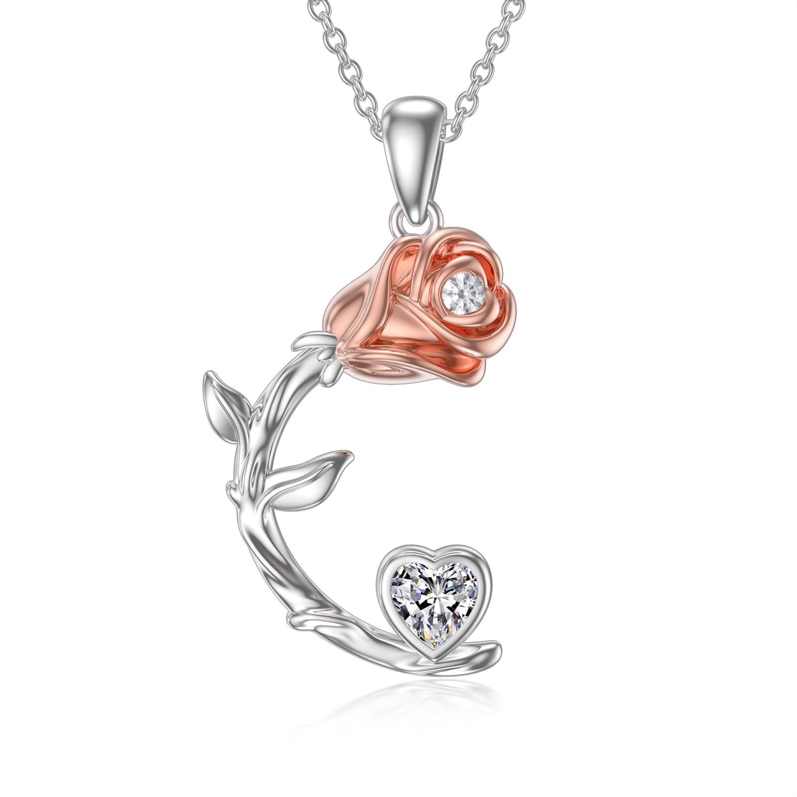 OCJ Rose Moon Necklace - 925 Sterling Silver Rose Pendant with Heart Birthstone, Elegant Jewelry for Women - Perfect Birthday & Christmas Gift for Her, Wife, Girlfriend - Ideal for Date Nights, Anniversaries & Special Occasions