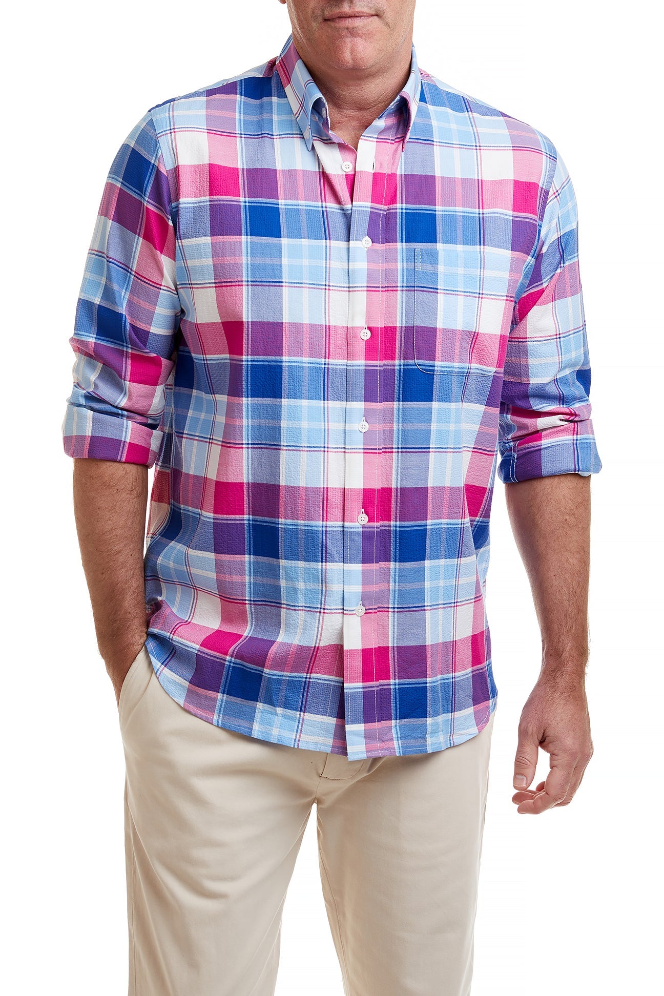 Blue and Pink Plaid Seersucker Chase Shirt for Men - Casual Summer Button Down Shirt for Outdoor Activities, Beach Vacations & Date Nights