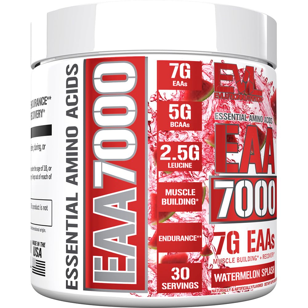 EVLution Nutrition EAA 7000 Essential Amino Acids Supplement - Watermelon Splash Flavor, 282g Powder for Muscle Recovery & Performance Boost | Pre-Workout & Post-Workout Use