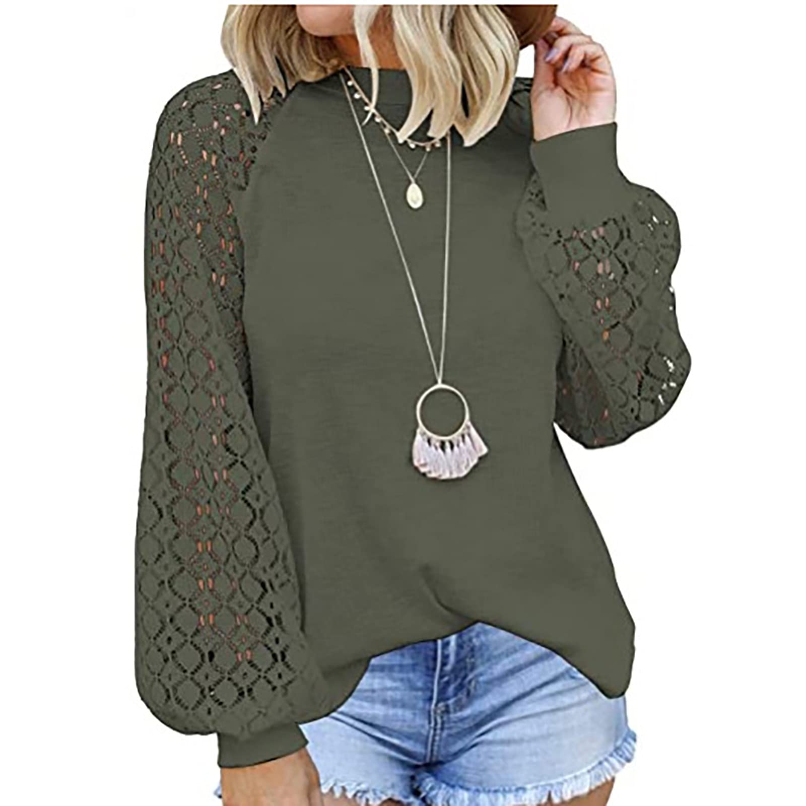 ZEFOTIM Plus Size Women's Tops - Trendy Spring Solid Lace Splicing Casual Shirt with Lantern Sleeves & O-Neck Tunic Blouse | Perfect for Office, Date Night & Everyday Wear