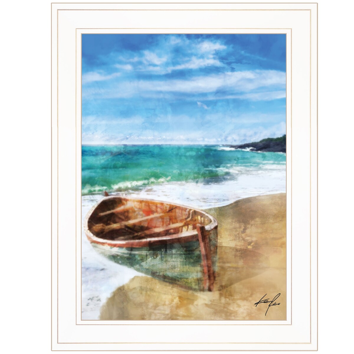 Ken Roko Beach Boat Framed Wall Art Print - Ready to Hang Coastal Decor with White Frame - Perfect for Living Room, Bedroom, or Beach House Decor