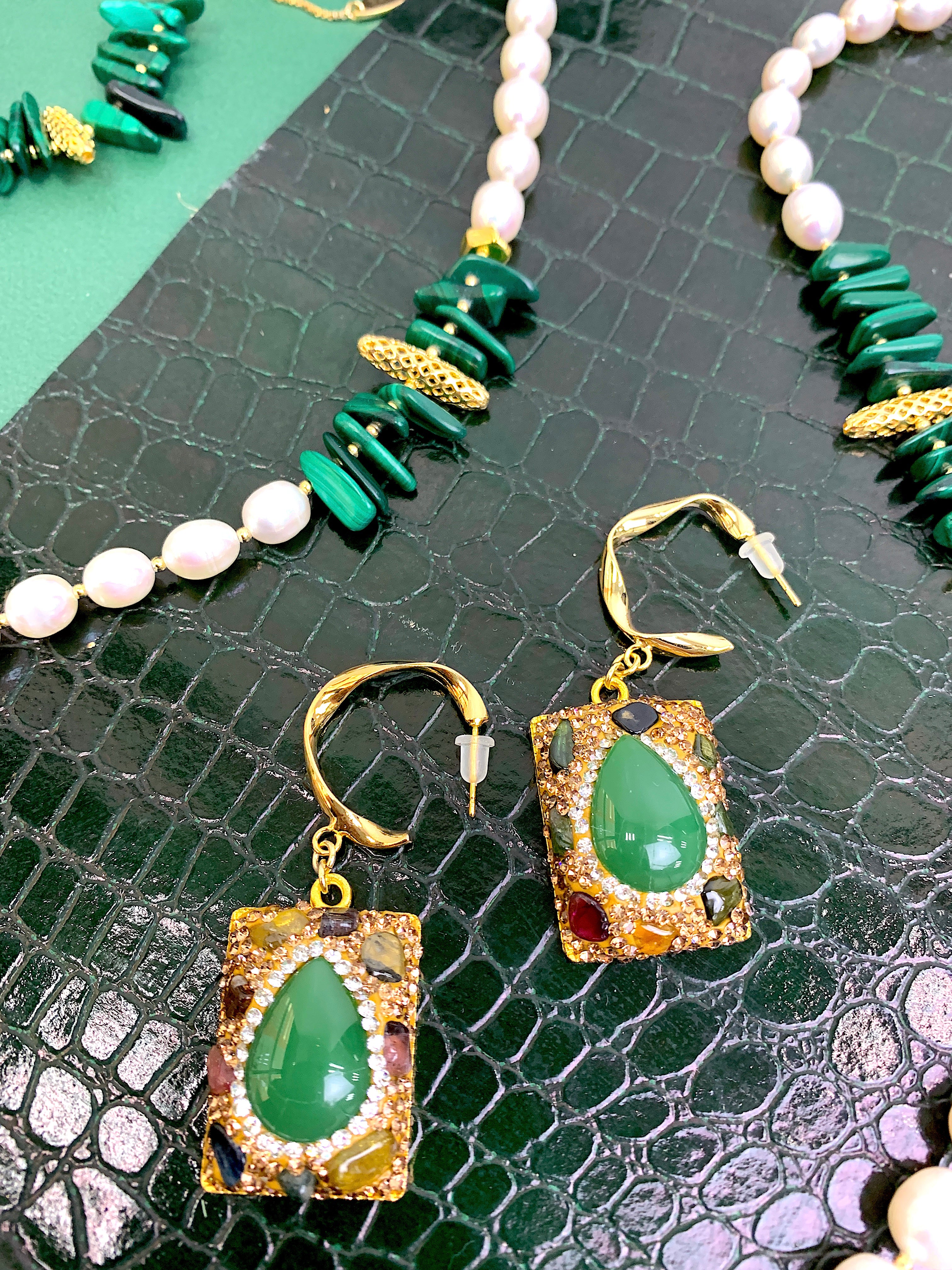 Tourmaline and Green Jade Hook Earrings HE018 – Elegant Handmade Jewelry for Women, Perfect for Parties, Weddings & Gifts