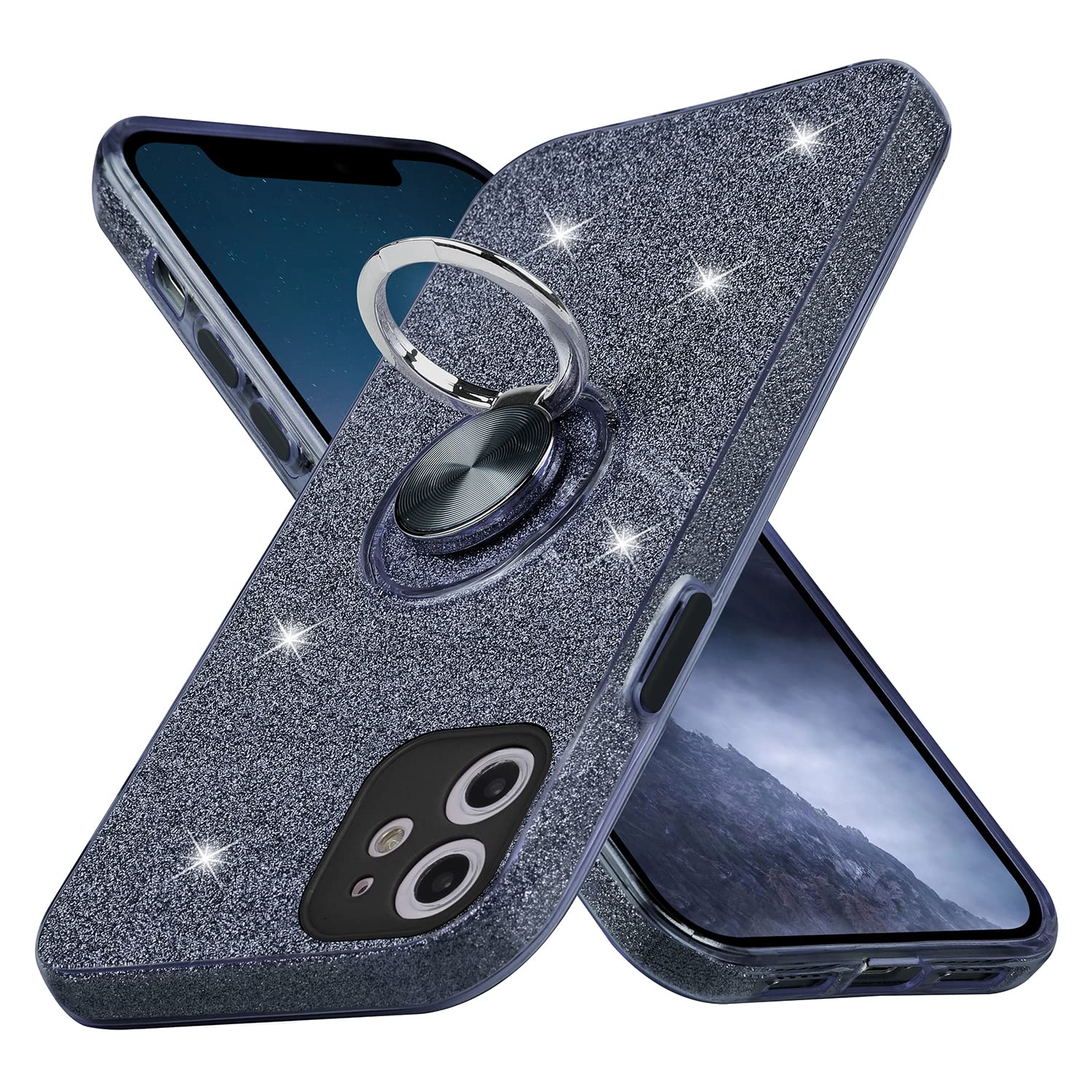 Wisdompro Sparkly Glitter Bling Phone Case with Ring Stand for iPhone 11 (6.1 inch) - Cute Protective Cover for Women & Girls | Perfect for Daily Use, Work, and Travel - Black