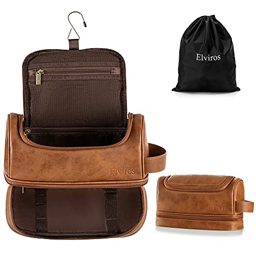 Elviros Leather Travel Toiletry Bag for Men & Women - Large Water-Resistant Hanging Toiletry Organizer with Hook - Perfect for Bathroom, Shaving Kit & Business Travel Accessories (Brown)