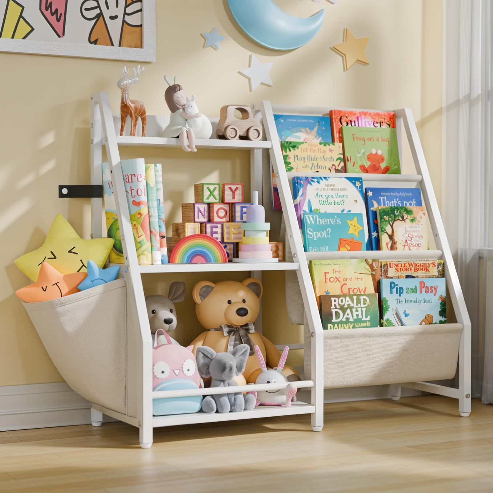 LATIBELL 3-Tier Kids Bookshelf & Toy Storage Organizer - Montessori Book Sling Shelf for Toddlers & Children - Sturdy White Bookcase for Playroom, Bedroom & Nursery - Perfect for Organizing Books, Toys & Learning Materials