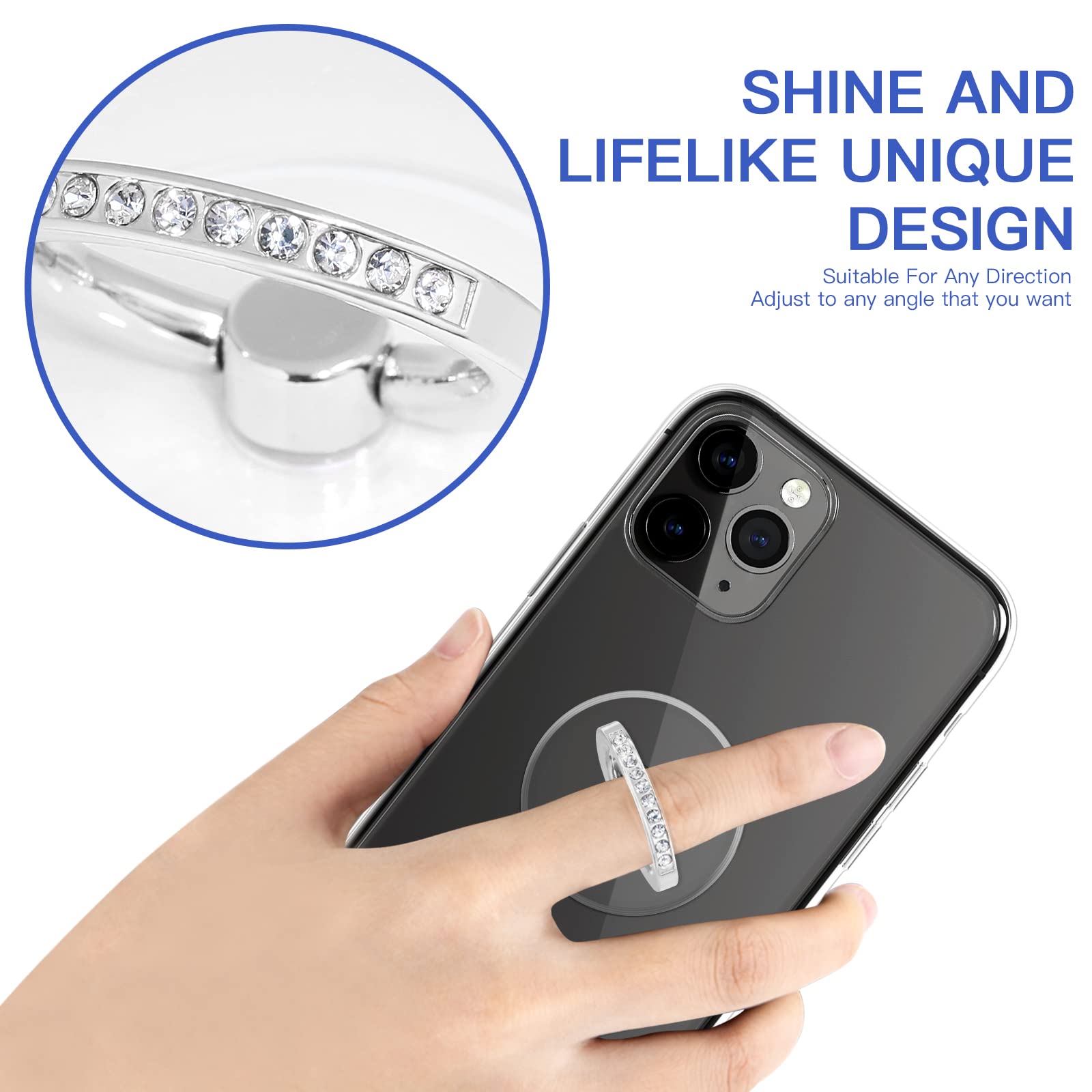 360° Rotating Transparent Phone Ring Stand - Silver & Diamond for Secure Grip & Hands-Free Viewing