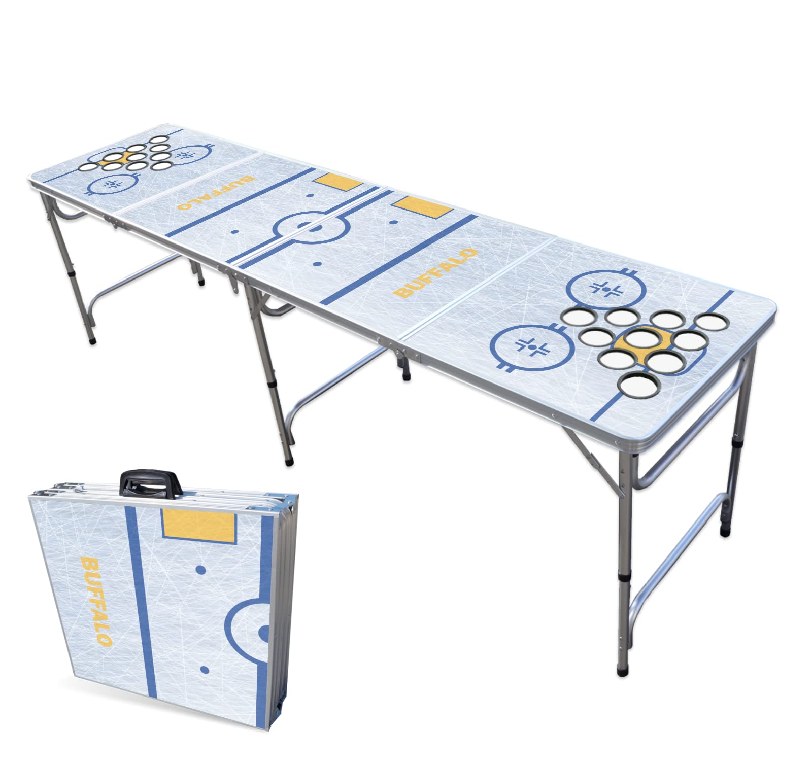 8-Foot Folding Portable Beer Pong Table with LED Lights & Cup Holders - Buffalo Hockey Rink Design for Indoor/Outdoor Parties, Tailgates & Game Nights (Multiple Models Available)