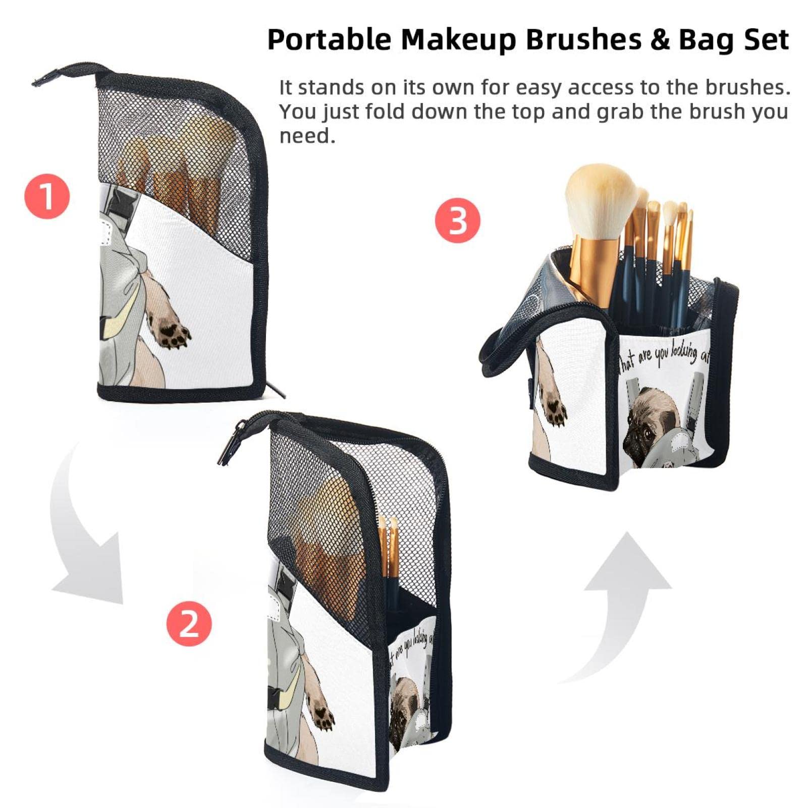 Portable Makeup Brush Organizer Bag with 12 Brushes - Cute Pug Dog Quote Backpack Style - Travel Cosmetic Brush Holder Case for Makeup Artists & Beauty Lovers (Perfect for Travel, Home Storage & Salon Use)