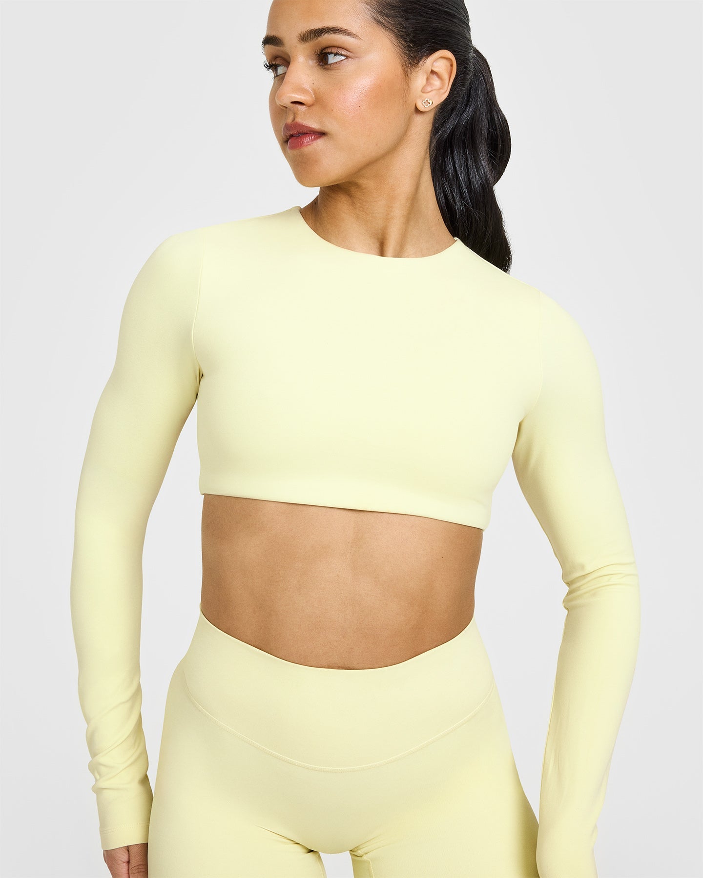 SoftMotion™ Long Sleeve Crop Top for Women - Stretchy Comfort Fit Pastel Yellow Shirt | Perfect for Yoga, Workouts & Casual Wear