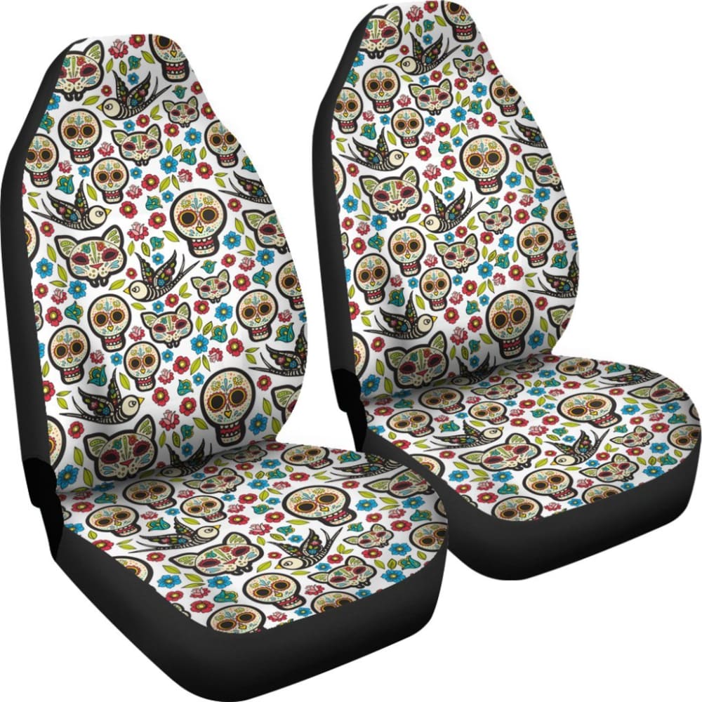 2 Pcs Floral Sugar Skull Car Seat Covers - Day of The Dead Mexican Style Decor for Cars, Trucks & SUVs - Perfect for Halloween, Dia de los Muertos Celebrations & Gothic Car Accessories